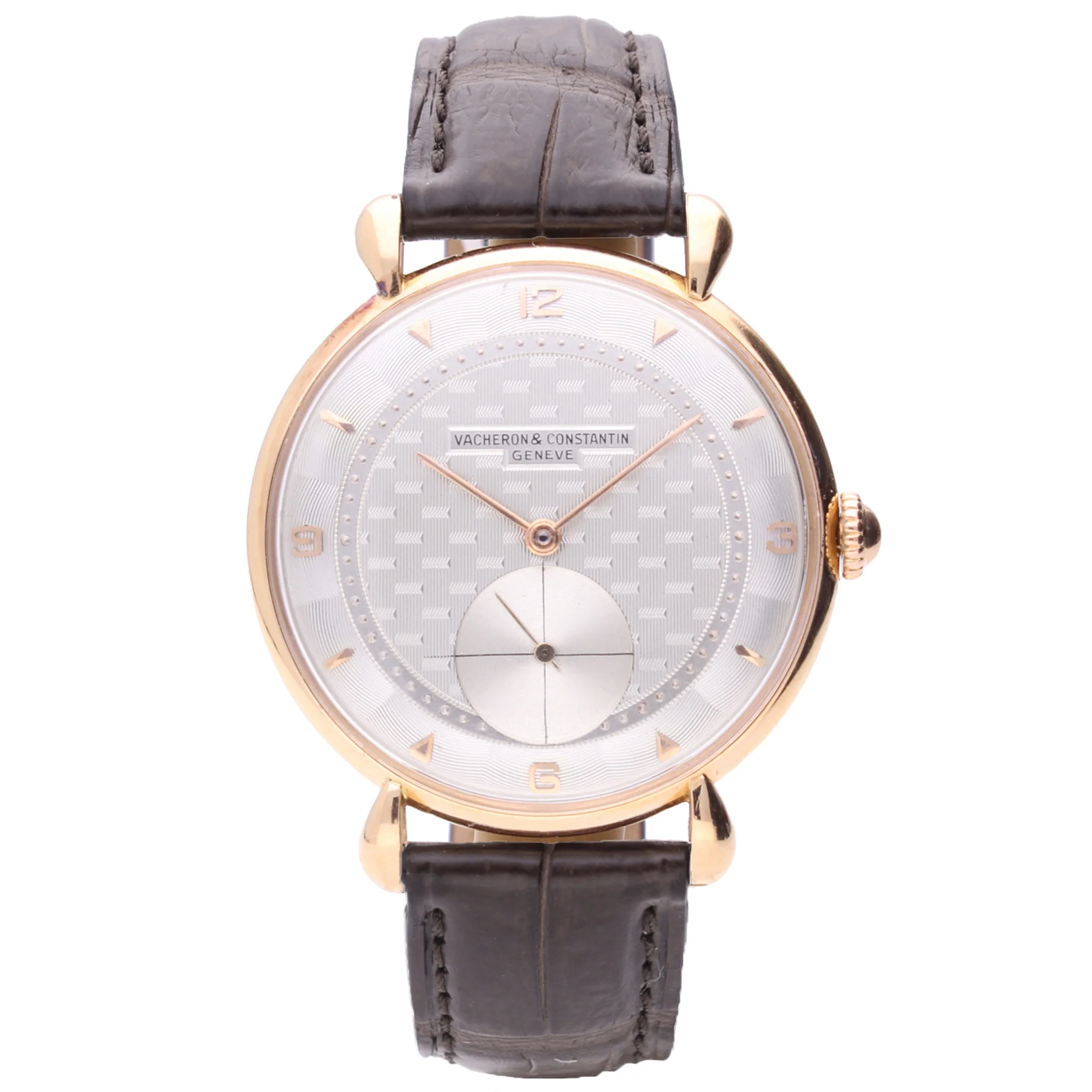 18ct rose gold Vacheron & Constantin ref. 4218 Oversized wristwatch with engine turned dial and tear drop lugs. Made 1952