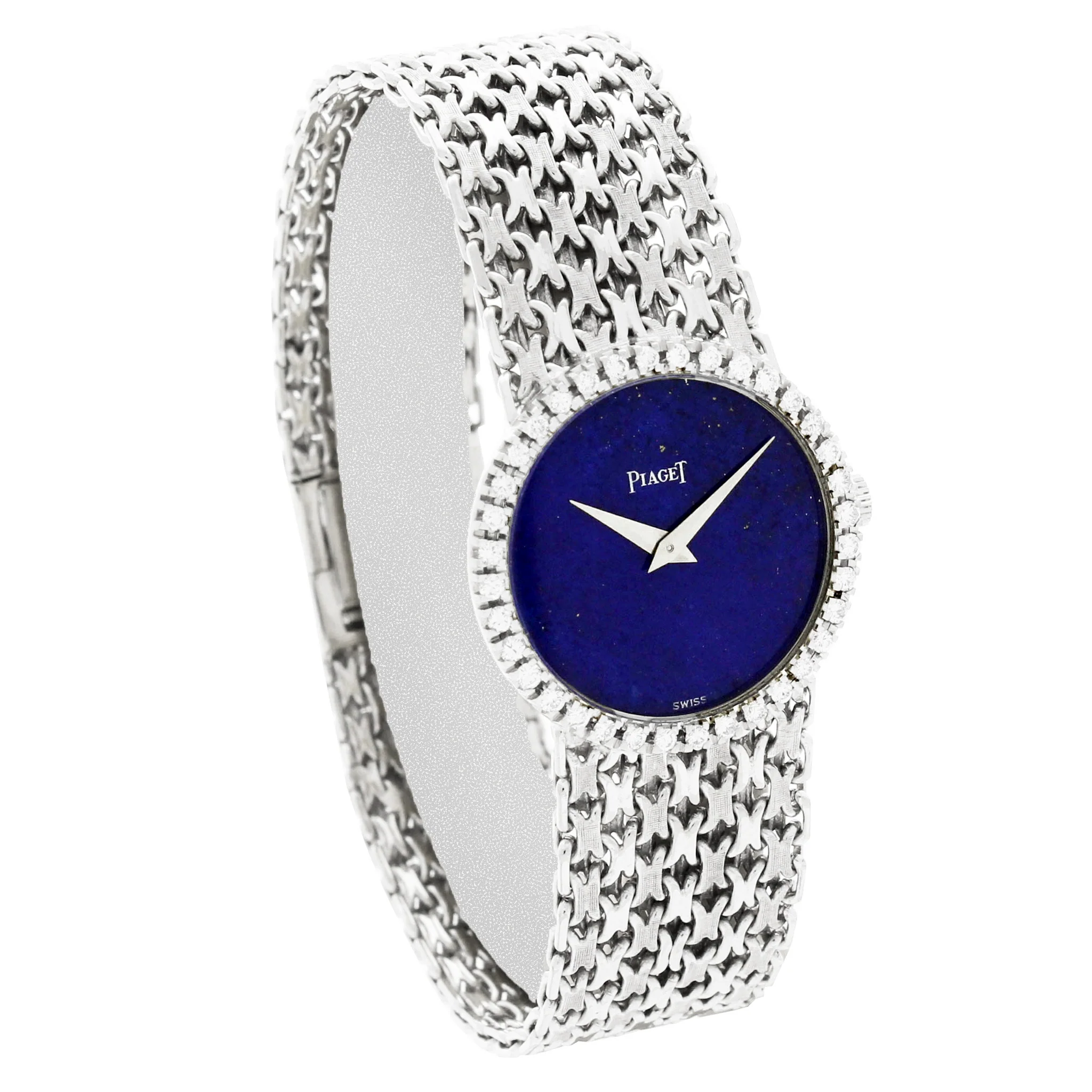 18ct white gold Piaget ref. 926 'round cased' bracelet watch with lapis lazuli dial and diamond set bezel. Made 1970's - Image 3