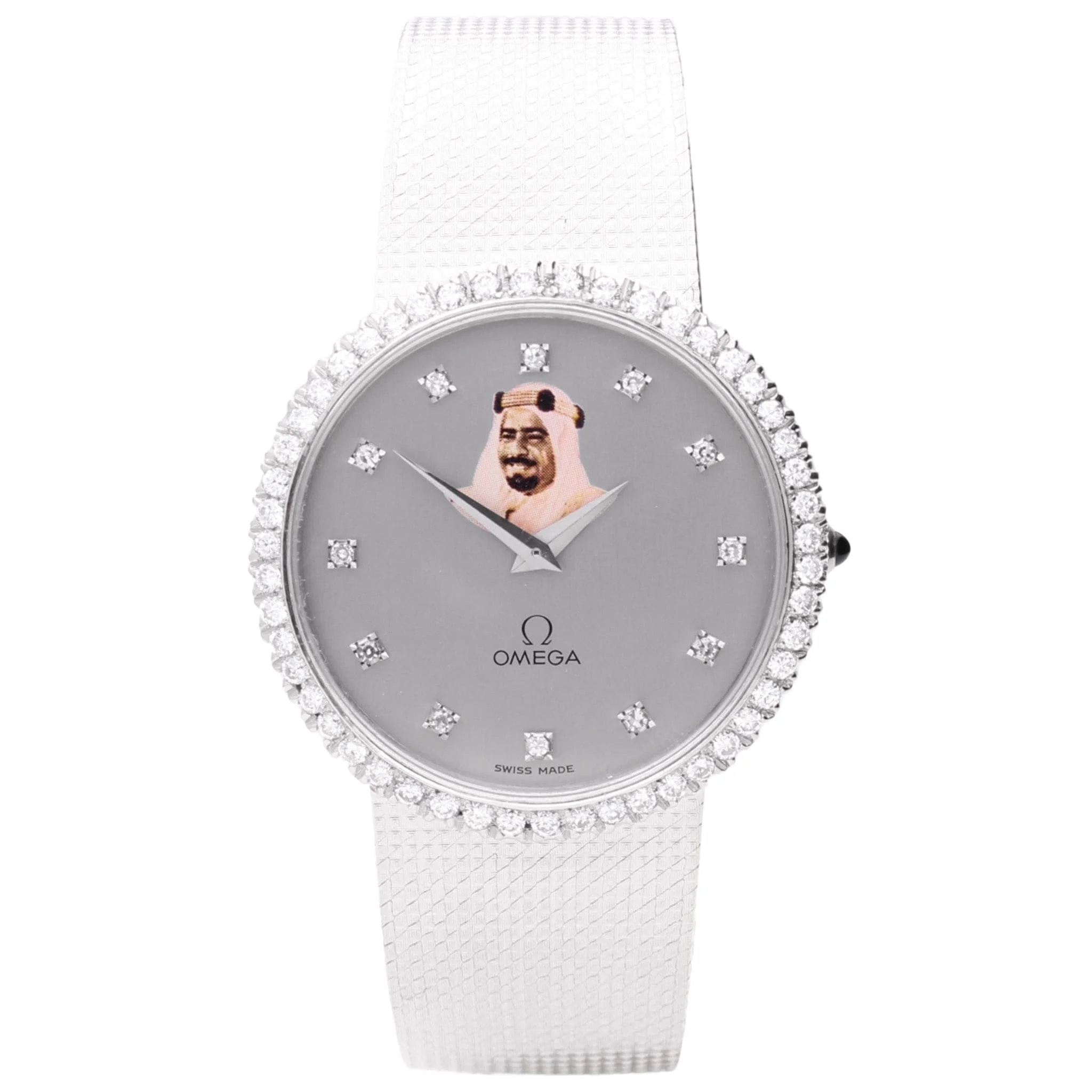 18ct white gold OMEGA automatic wristwatch with diamond set bezel & portrait of Sheikh Isa Bin Salman Al Khalifa. Made 1979