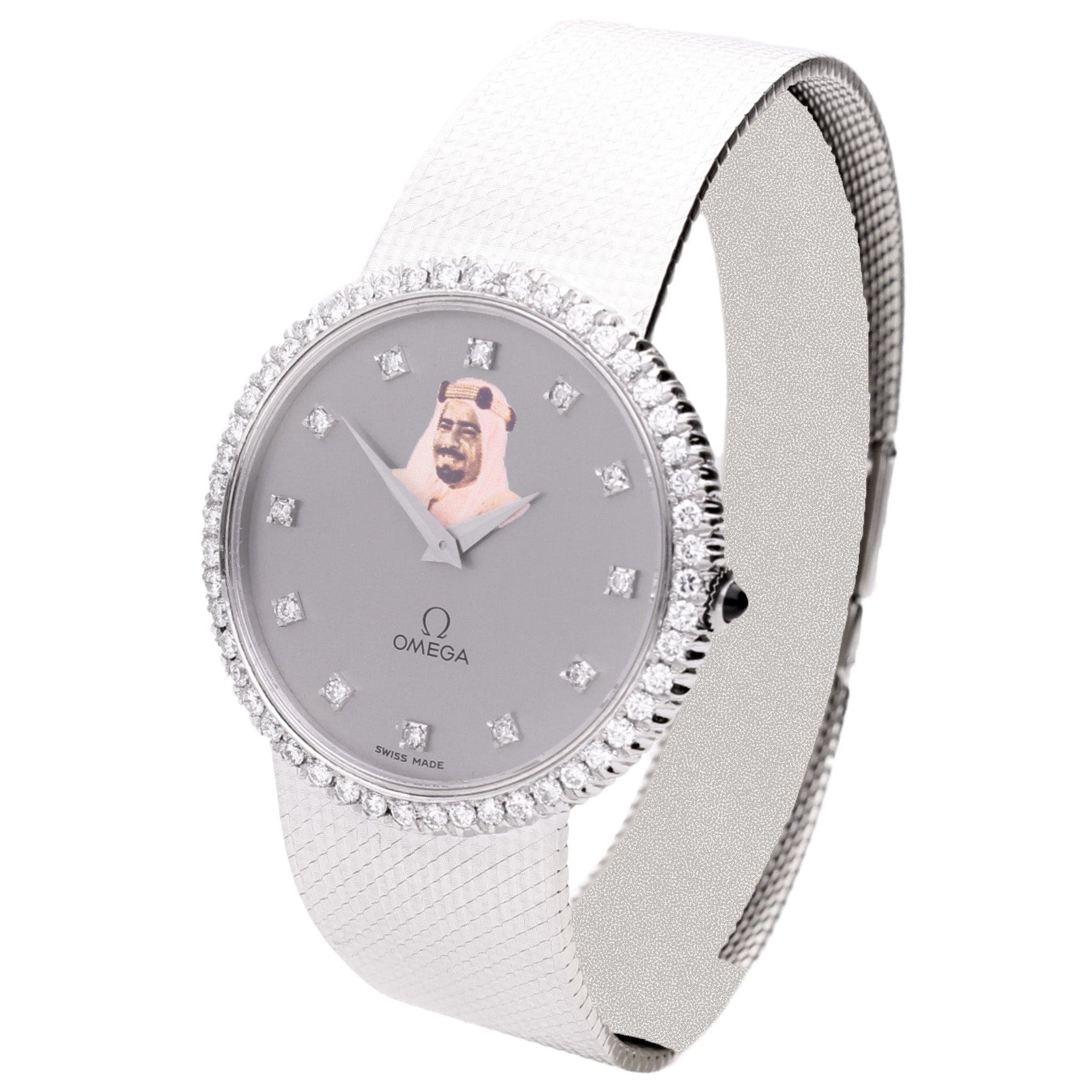 18ct white gold OMEGA automatic wristwatch with diamond set bezel & portrait of Sheikh Isa Bin Salman Al Khalifa. Made 1979 - Image 2