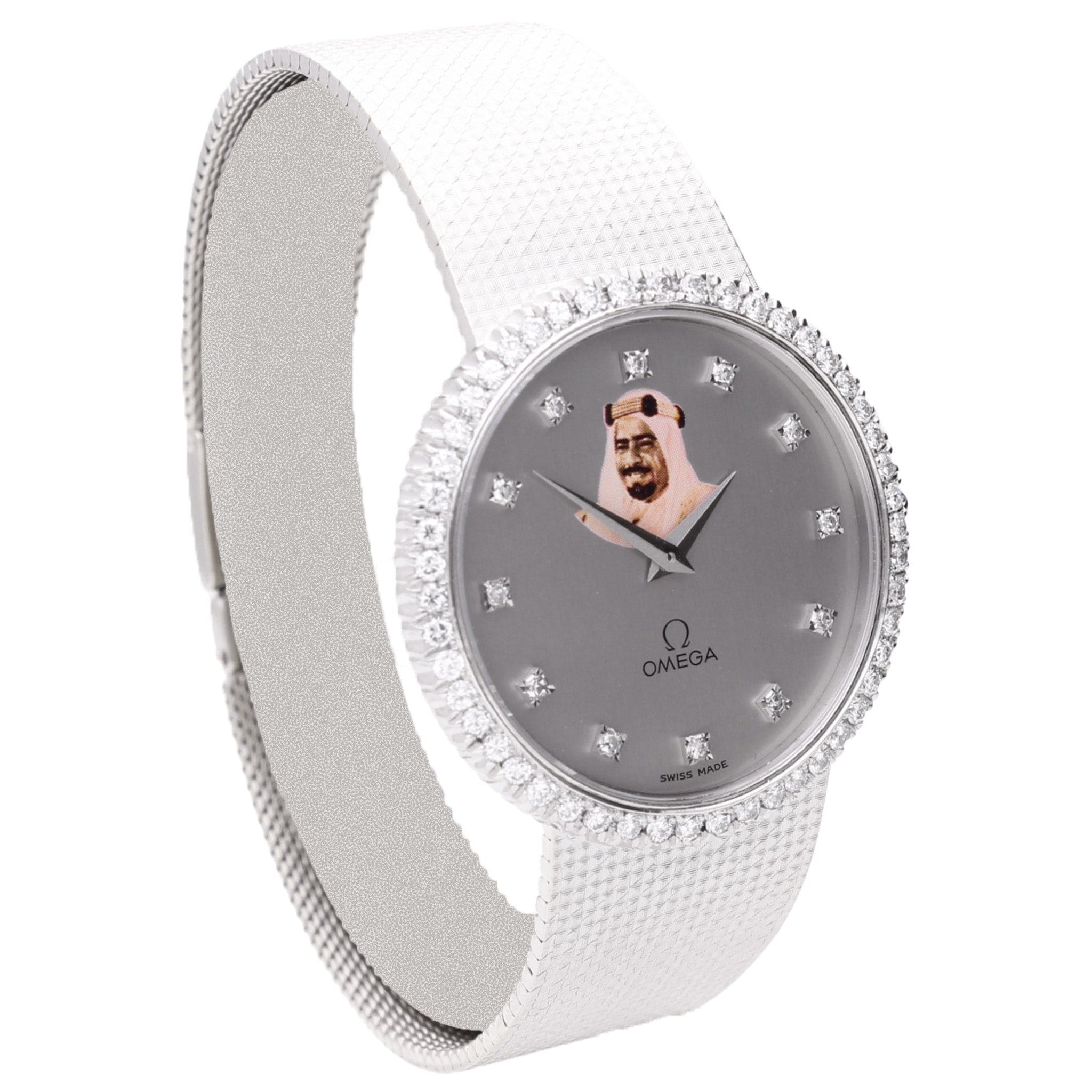 18ct white gold OMEGA automatic wristwatch with diamond set bezel & portrait of Sheikh Isa Bin Salman Al Khalifa. Made 1979 - Image 3