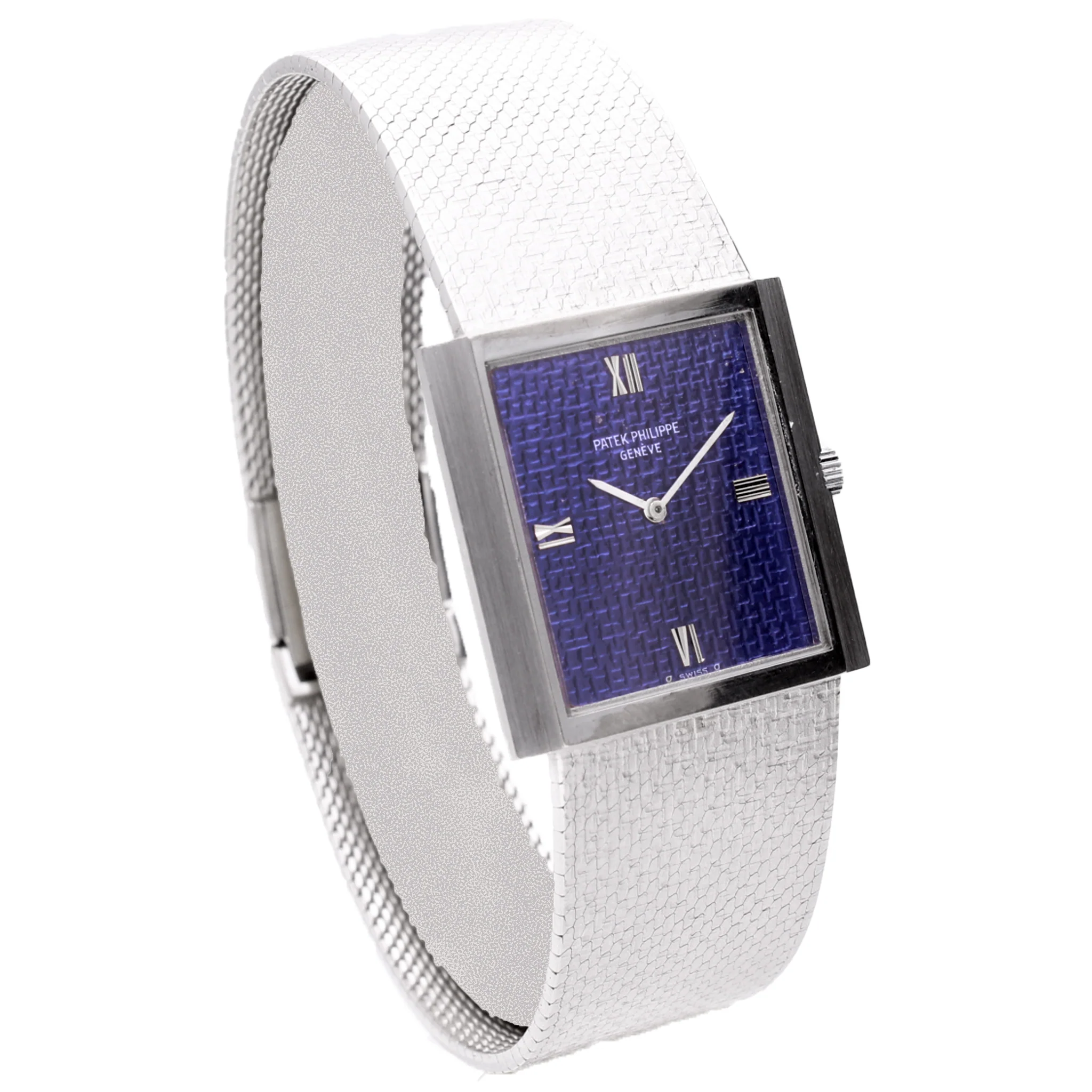 18ct white gold Patek Philippe ref. 3571/1 rectangular case wristwatch with blue textured dial. Made 1973 - Image 3