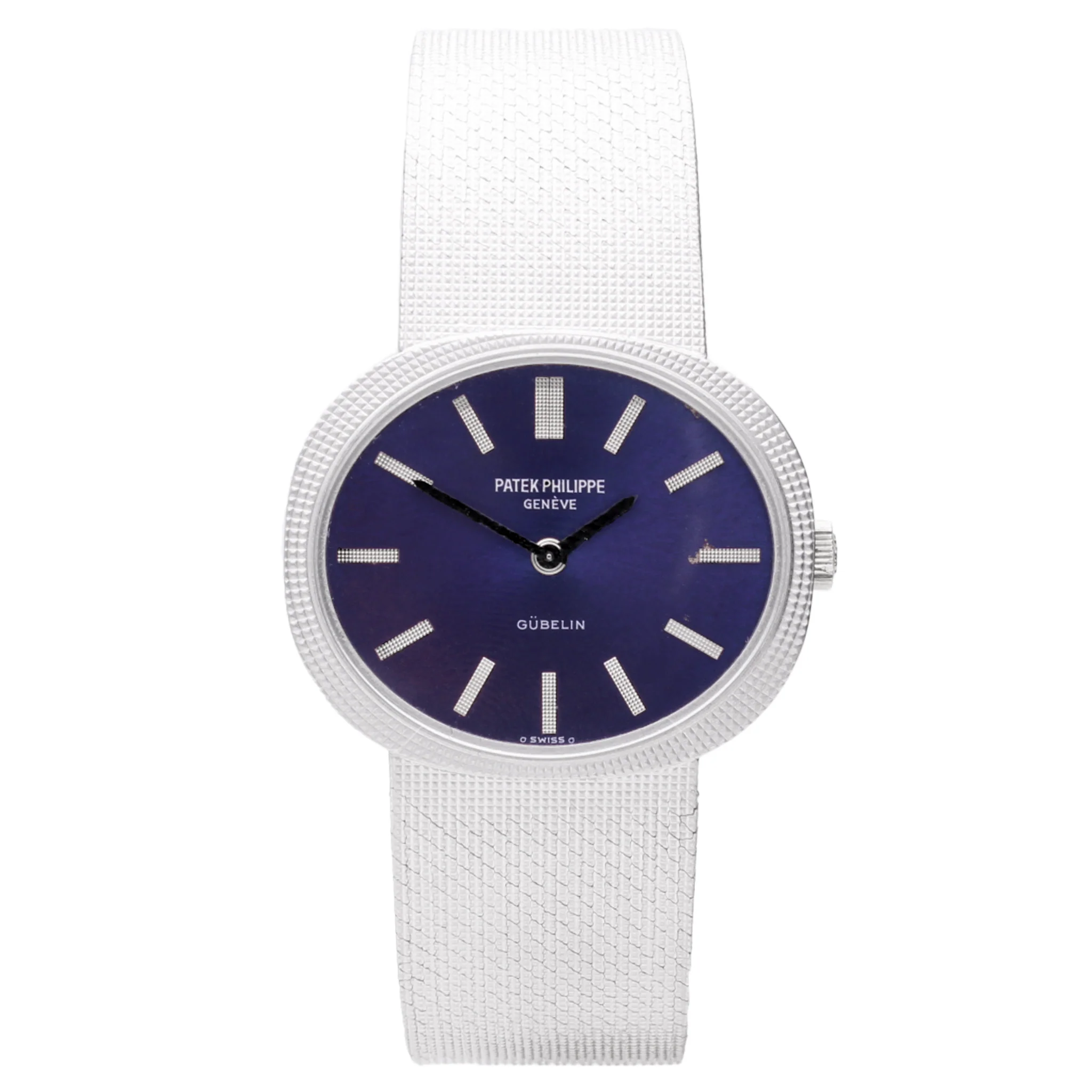 18ct white gold Patek Philippe ref. 3581/1 Ellipse bracelet watch with cobalt blue dial, retailed by GÜBELIN. Made 1972