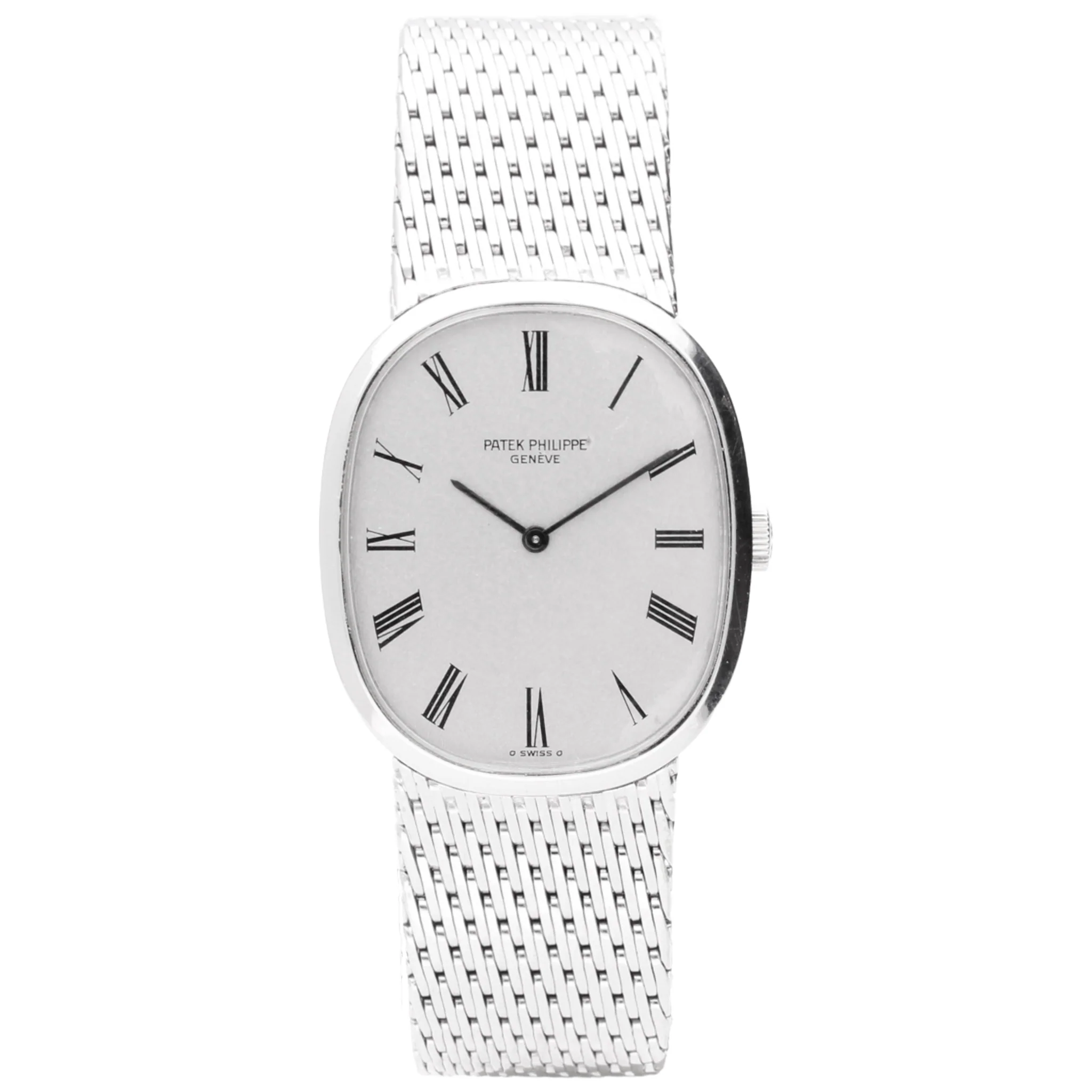 18ct white gold Patek Philippe ref. 3748/1 Ellipse bracelet watch with silvered dial and Roman numeral hour markers. Made 1975