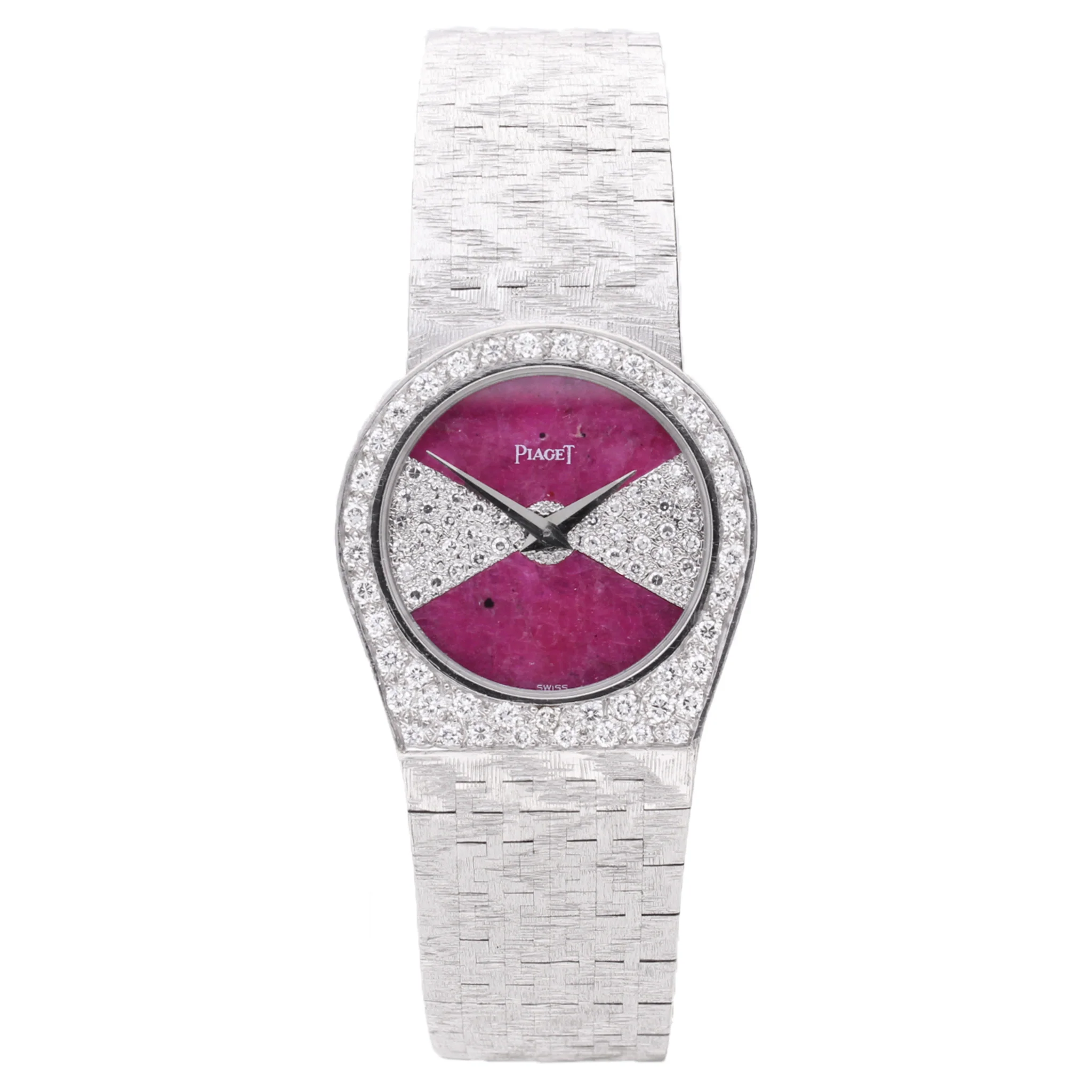 18ct white gold Piaget ref. 90810 bareclet watch with diamond and ruby set dial and diamond set bezel. Made 1970's