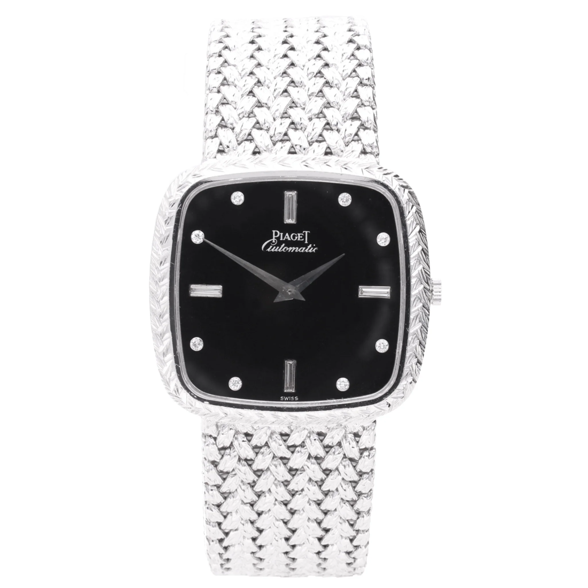 18ct white gold Piaget ref. 12773 automatic bracelet watch with onyx dial and diamond set hour indices. Made 1978