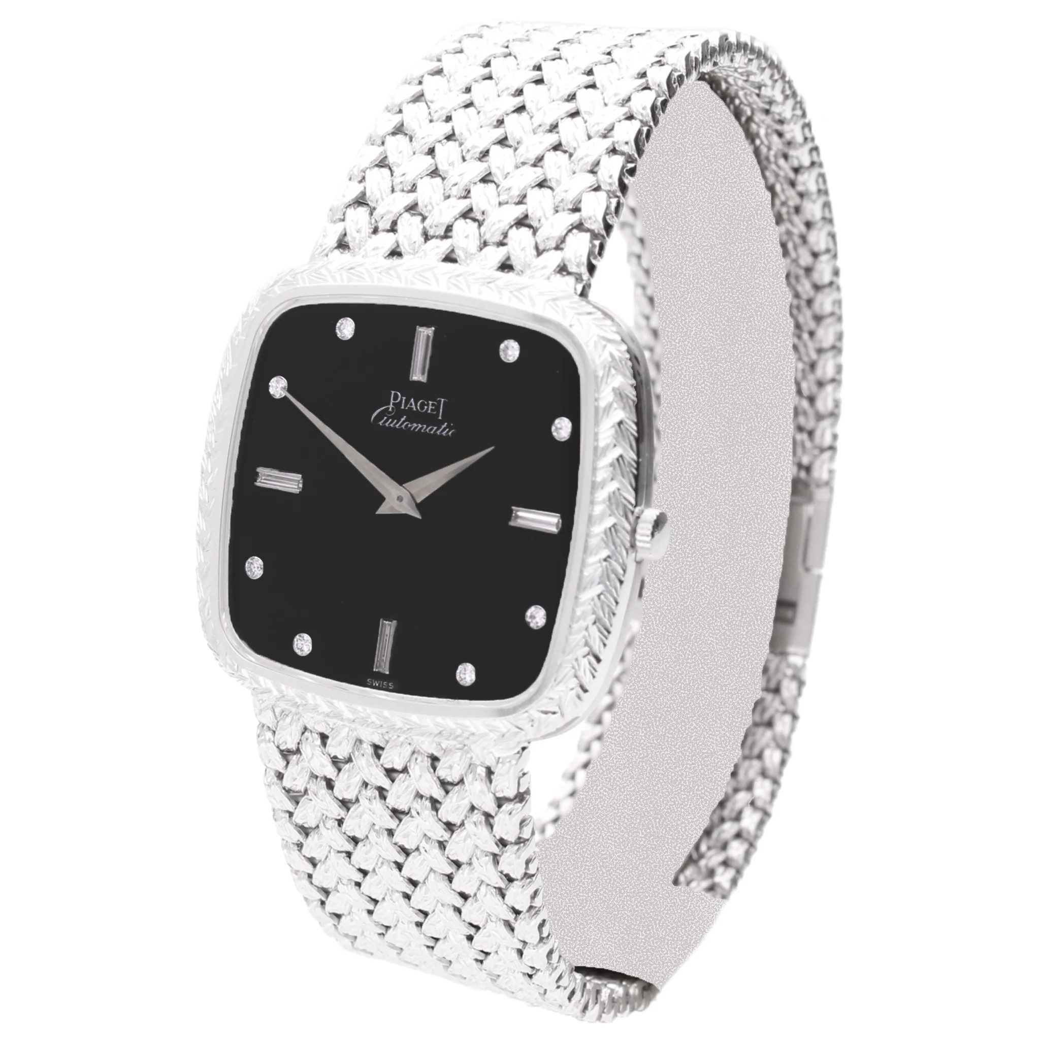 18ct white gold Piaget ref. 12773 automatic bracelet watch with onyx dial and diamond set hour indices. Made 1978 - Image 2