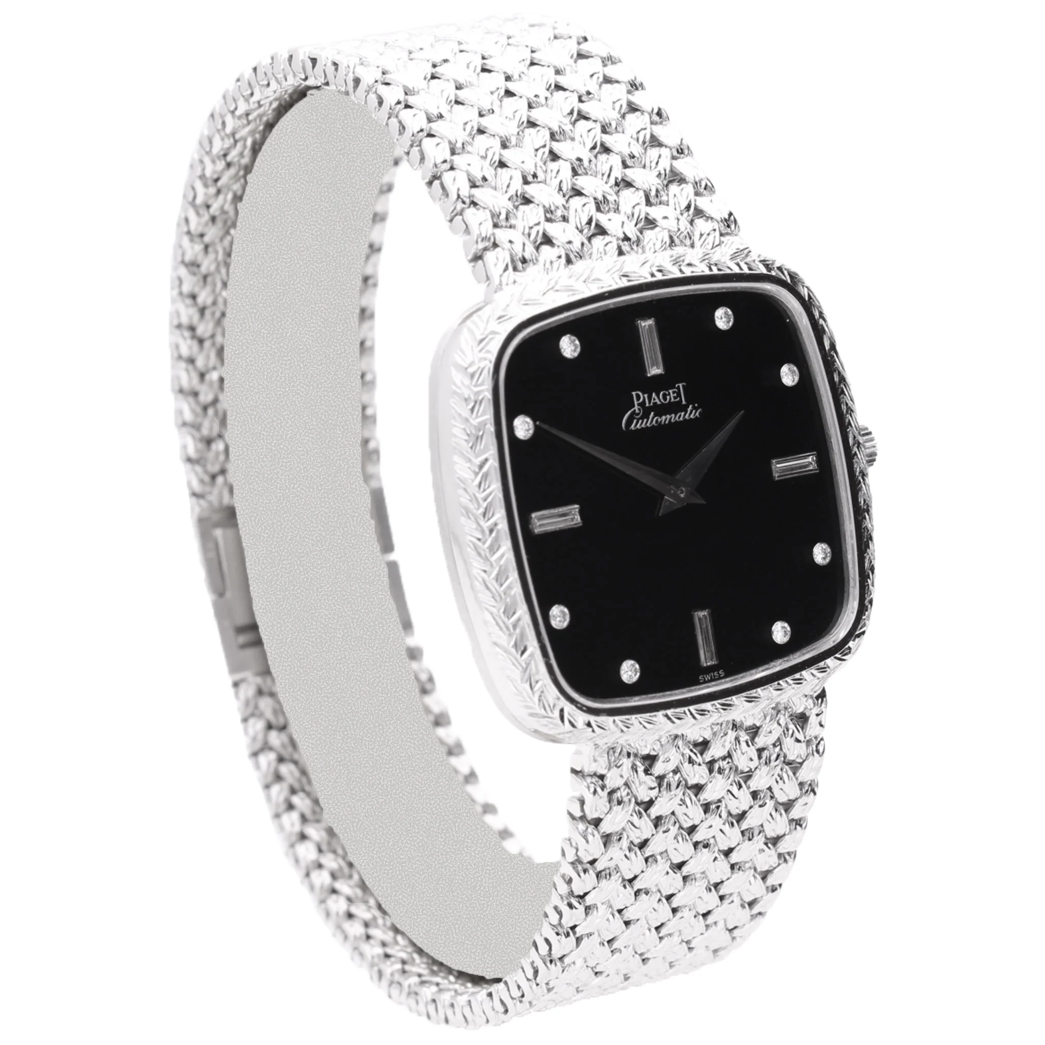 18ct white gold Piaget ref. 12773 automatic bracelet watch with onyx dial and diamond set hour indices. Made 1978 - Image 3
