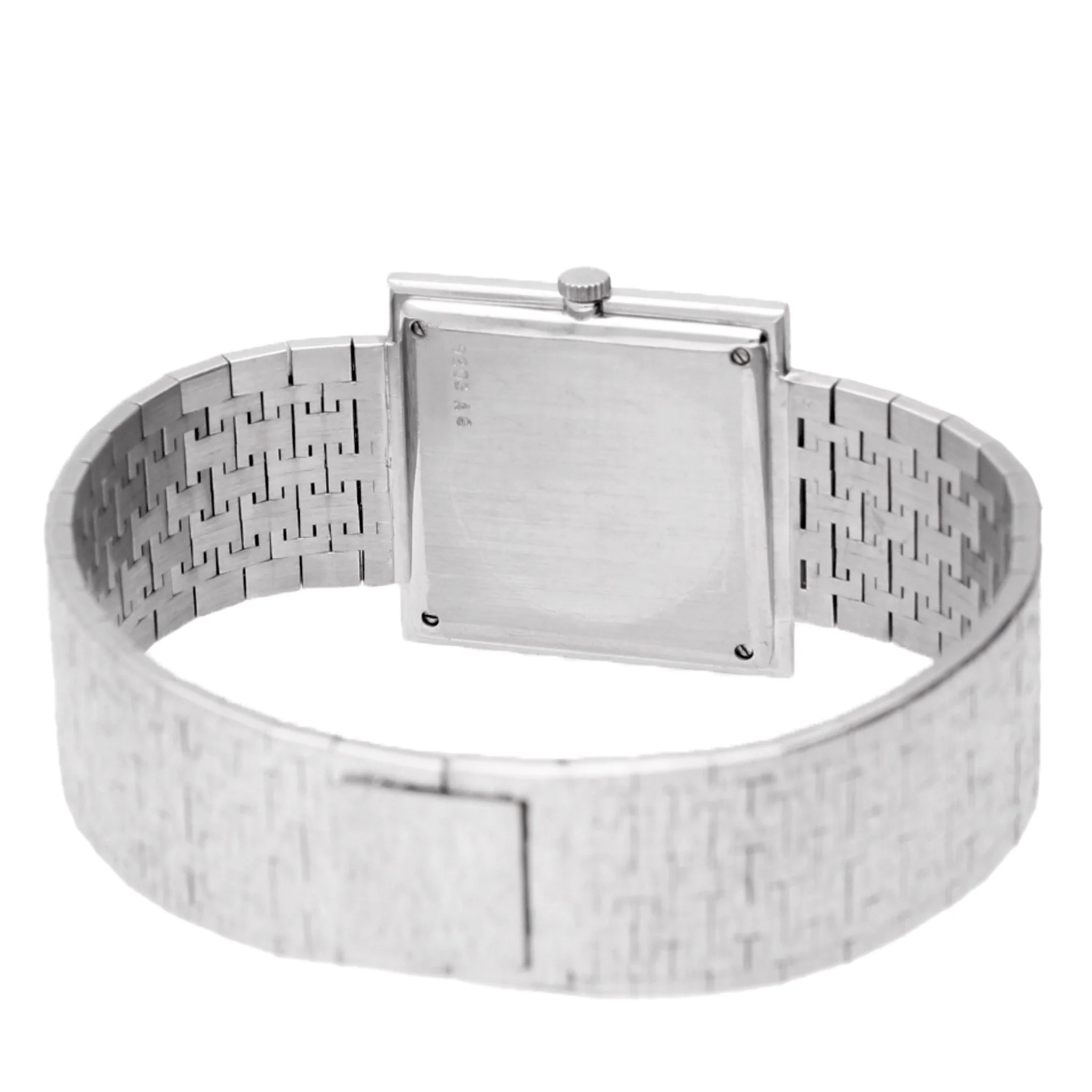 18ct white gold Piaget ref. 9203 square case bracelet watch with diamond and emerald set bezel. Made 1970 - Image 2