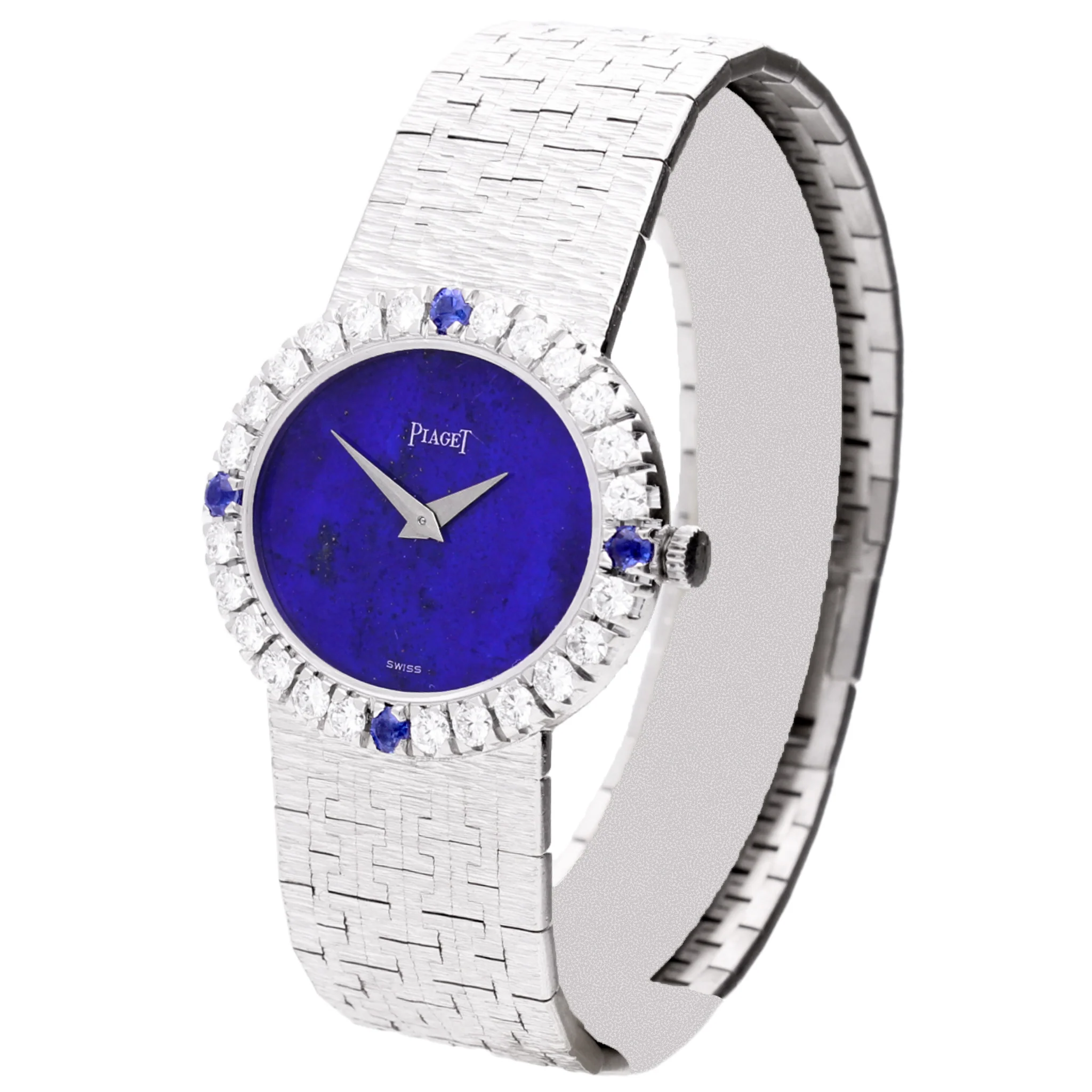 18ct white gold Piaget ref. 9804 bracelet watch with lapis lazuli dial and diamond set bezel with sapphire quarters. Made 1970 - Image 2