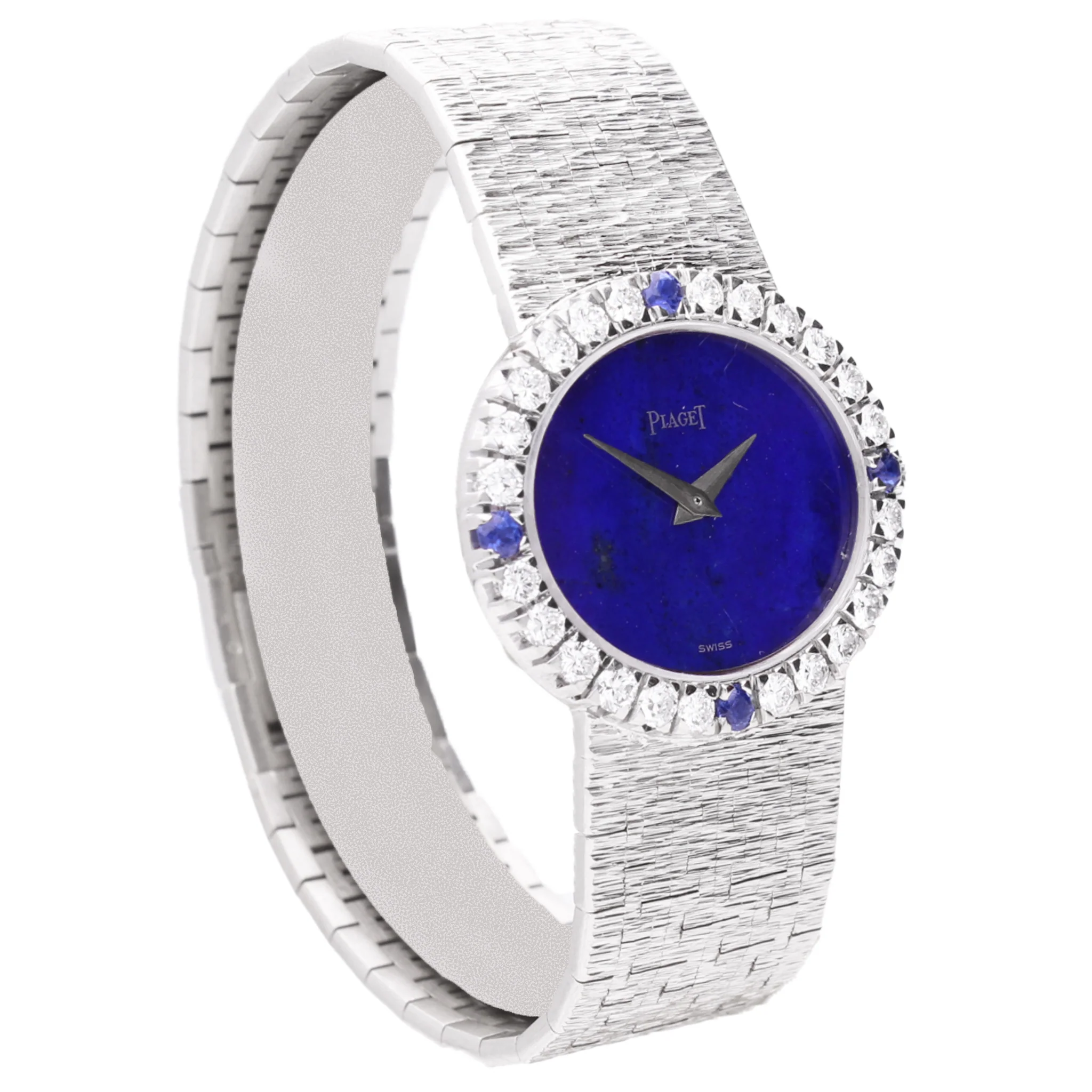 18ct white gold Piaget ref. 9804 bracelet watch with lapis lazuli dial and diamond set bezel with sapphire quarters. Made 1970 - Image 3