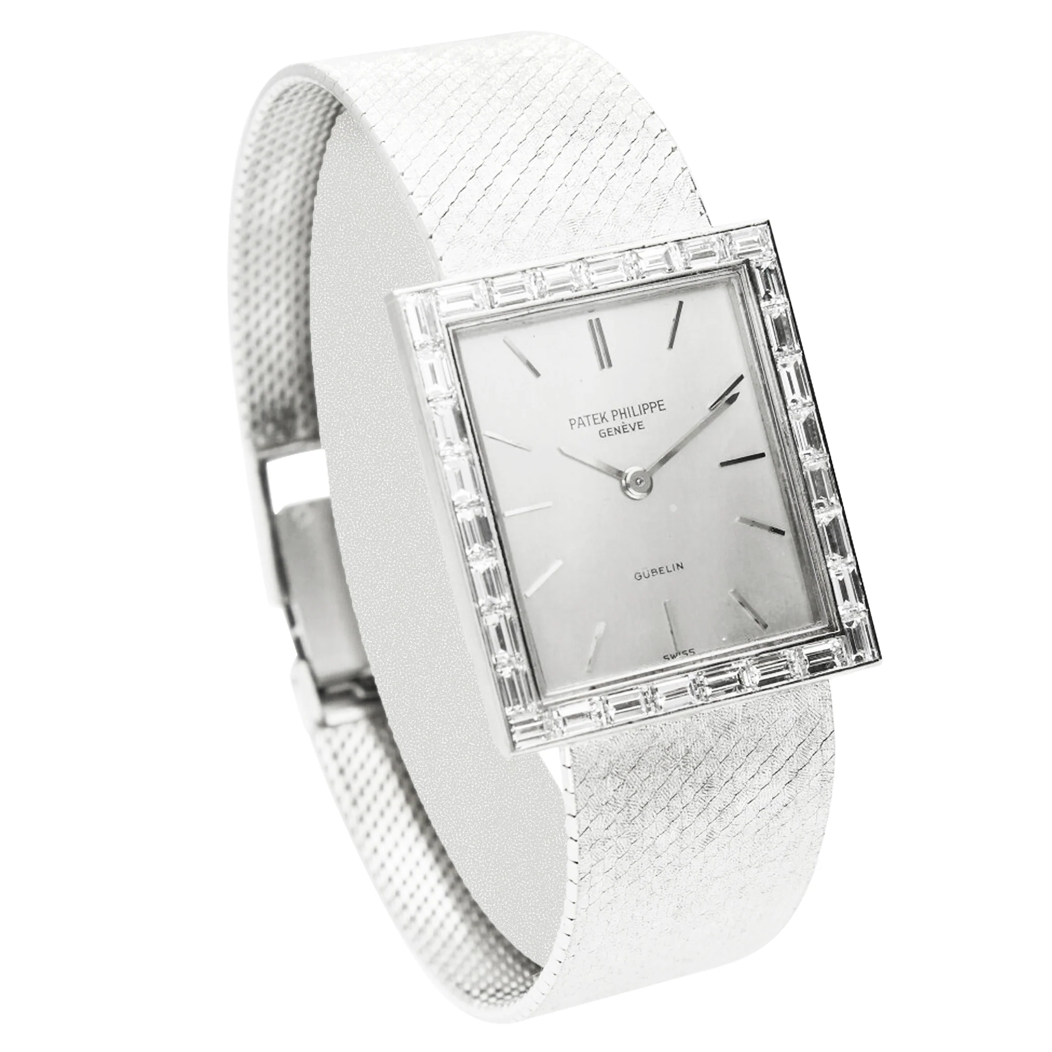 18ct white gold Patek Philippe ref. 3540/2 bracelet watch with baguette diamond set bezel, retailed by GÜBELIN. Made 1975 - Image 3