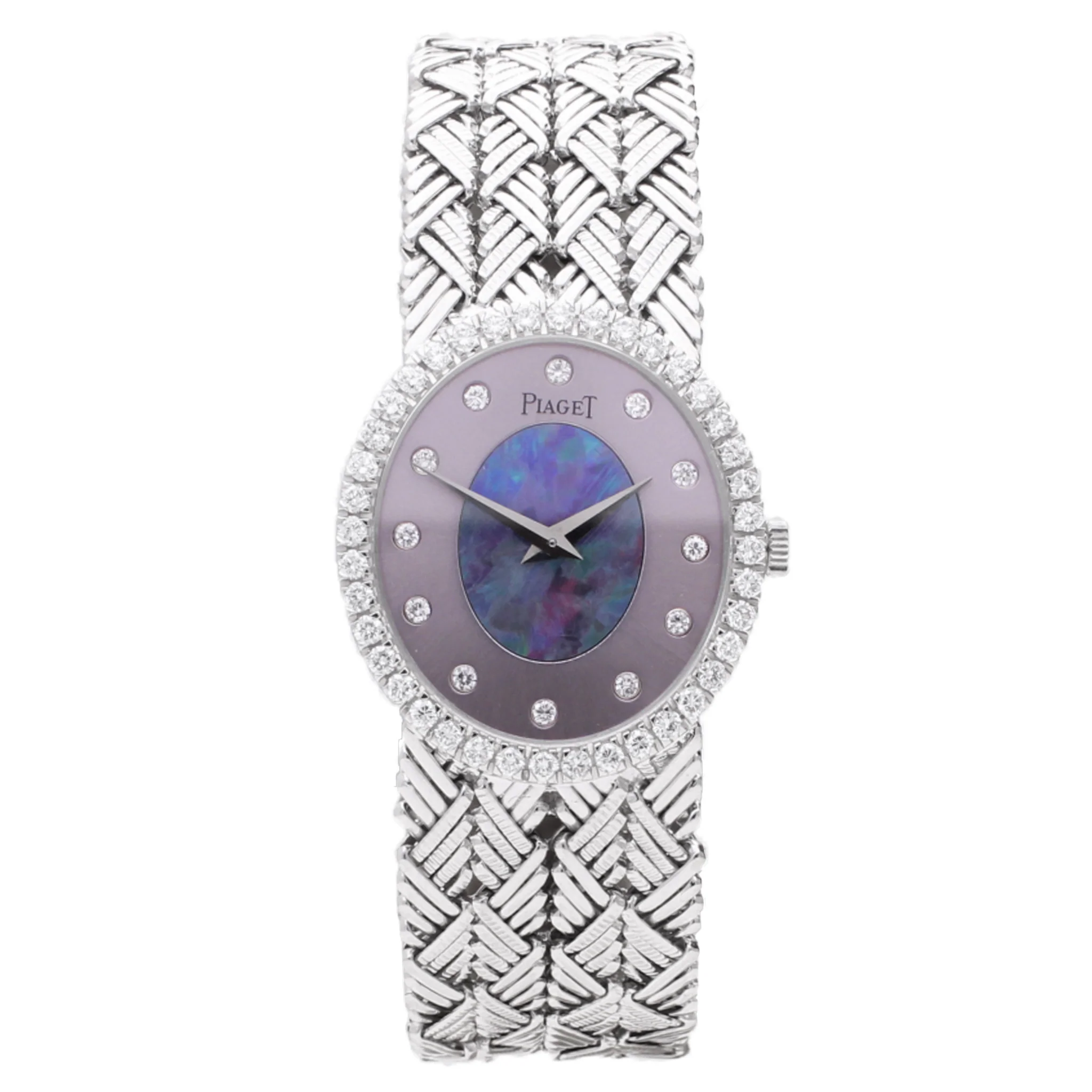 18ct white gold Piaget ref. 9826 opal/pearl set dial and diamond set bezel bracelet watch. Made 1970