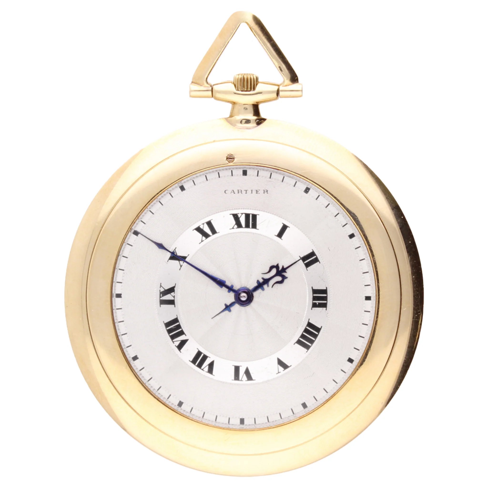 (SOLD) 18ct yellow gold Cartier 'Knife Edge' open face pocket watch and chain. Made 1925