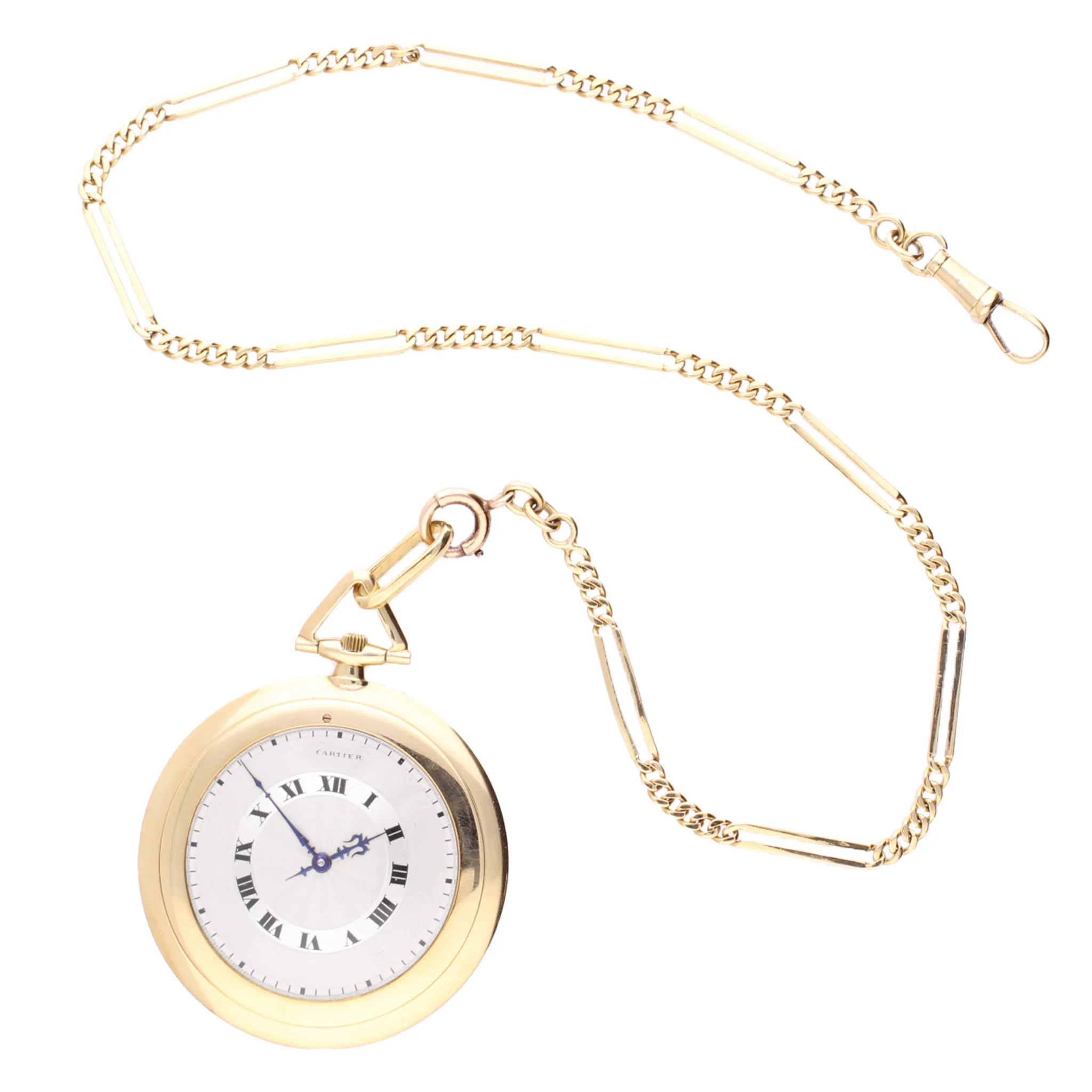 (SOLD) 18ct yellow gold Cartier 'Knife Edge' open face pocket watch and chain. Made 1925 - Image 3
