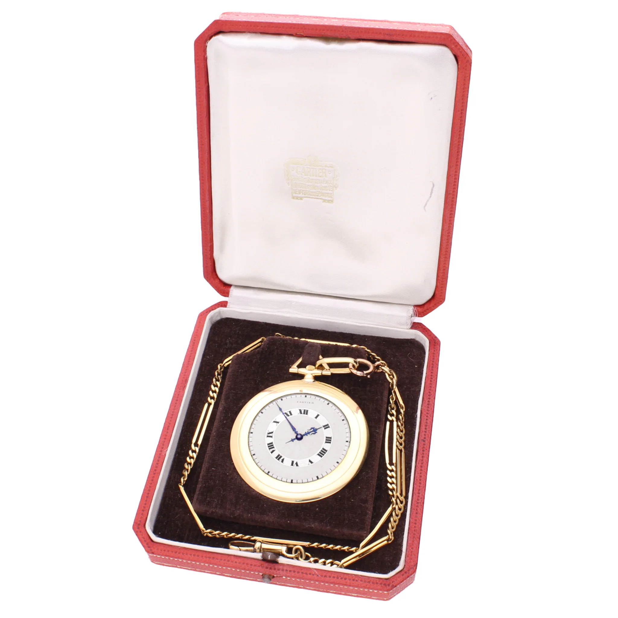 (SOLD) 18ct yellow gold Cartier 'Knife Edge' open face pocket watch and chain. Made 1925 - Image 4