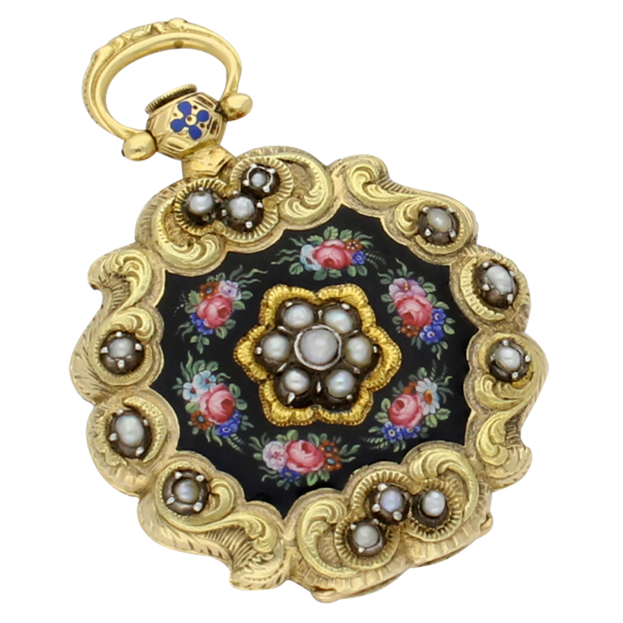 18ct yellow gold Swiss, enamel and pearl set scalloped edge fob watch. Made 1840 - Image 3