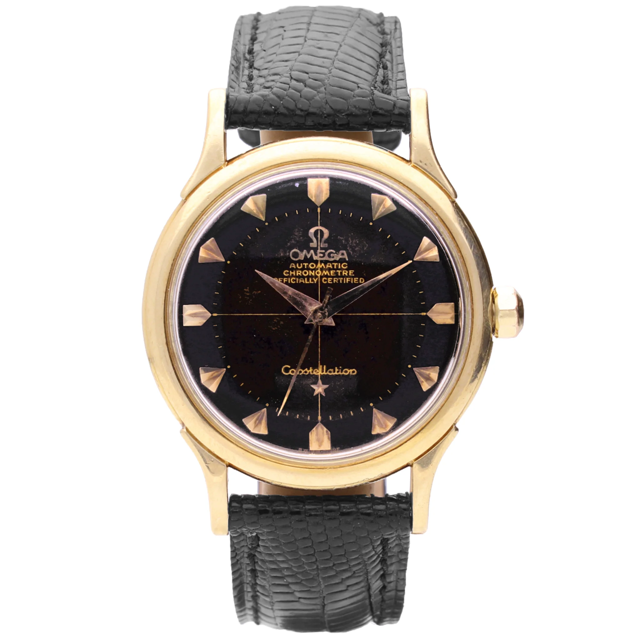 18ct yellow gold OMEGA Constellation automatic chronometer wristwatch with black dial. Made 1957