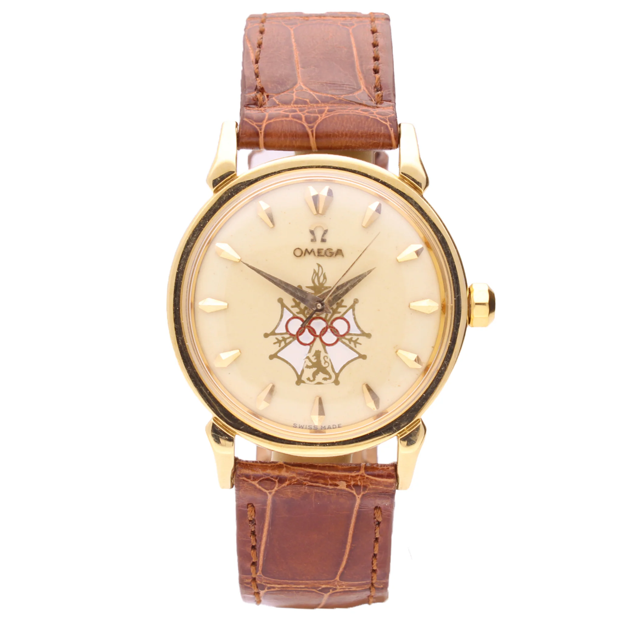 18ct yellow gold OMEGA Seamaster "XVI Melbourne Olympic Games" automatic wristwatch. Made 1956