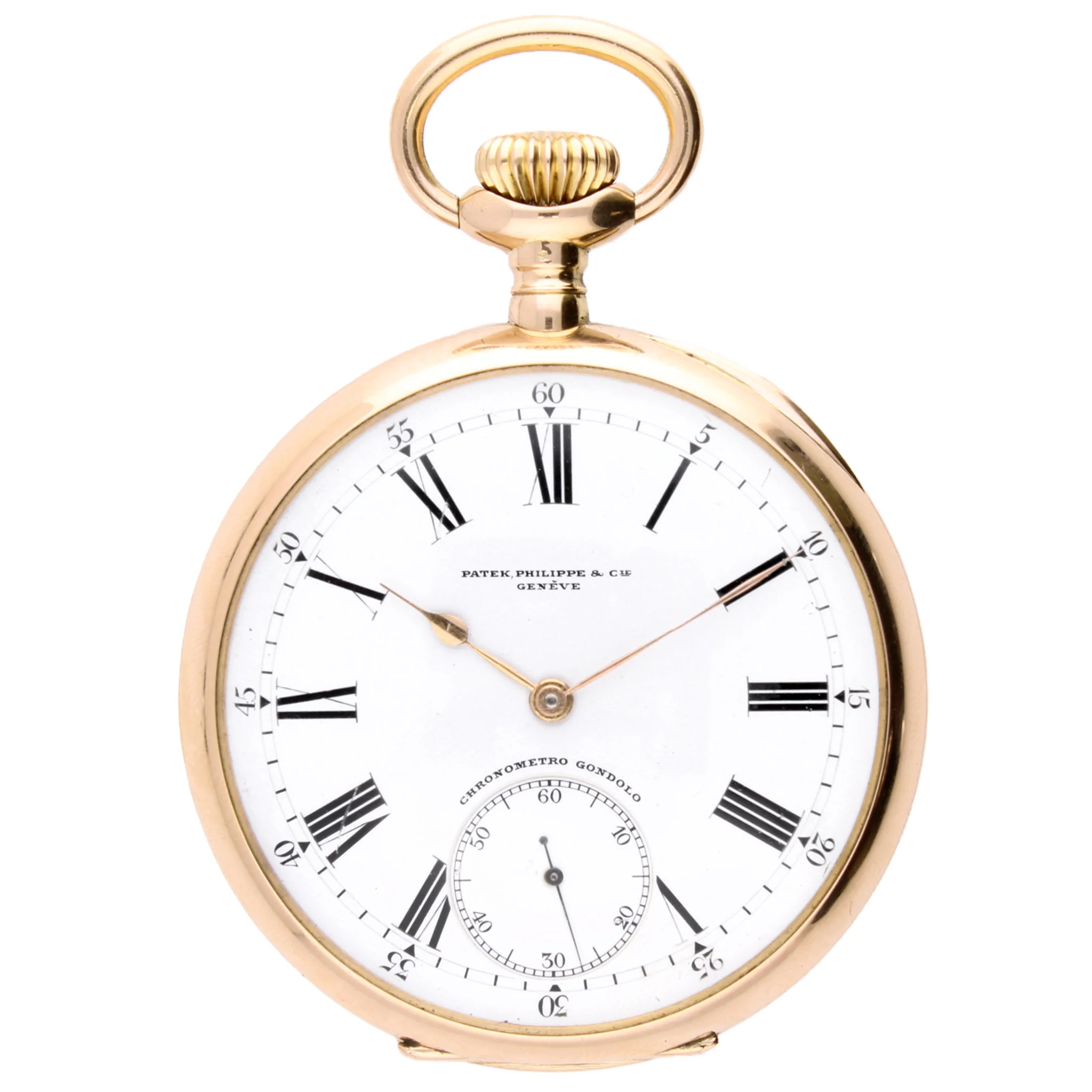 18ct rose gold Patek Philippe Gondolo open face pocketwatch. Made 1905