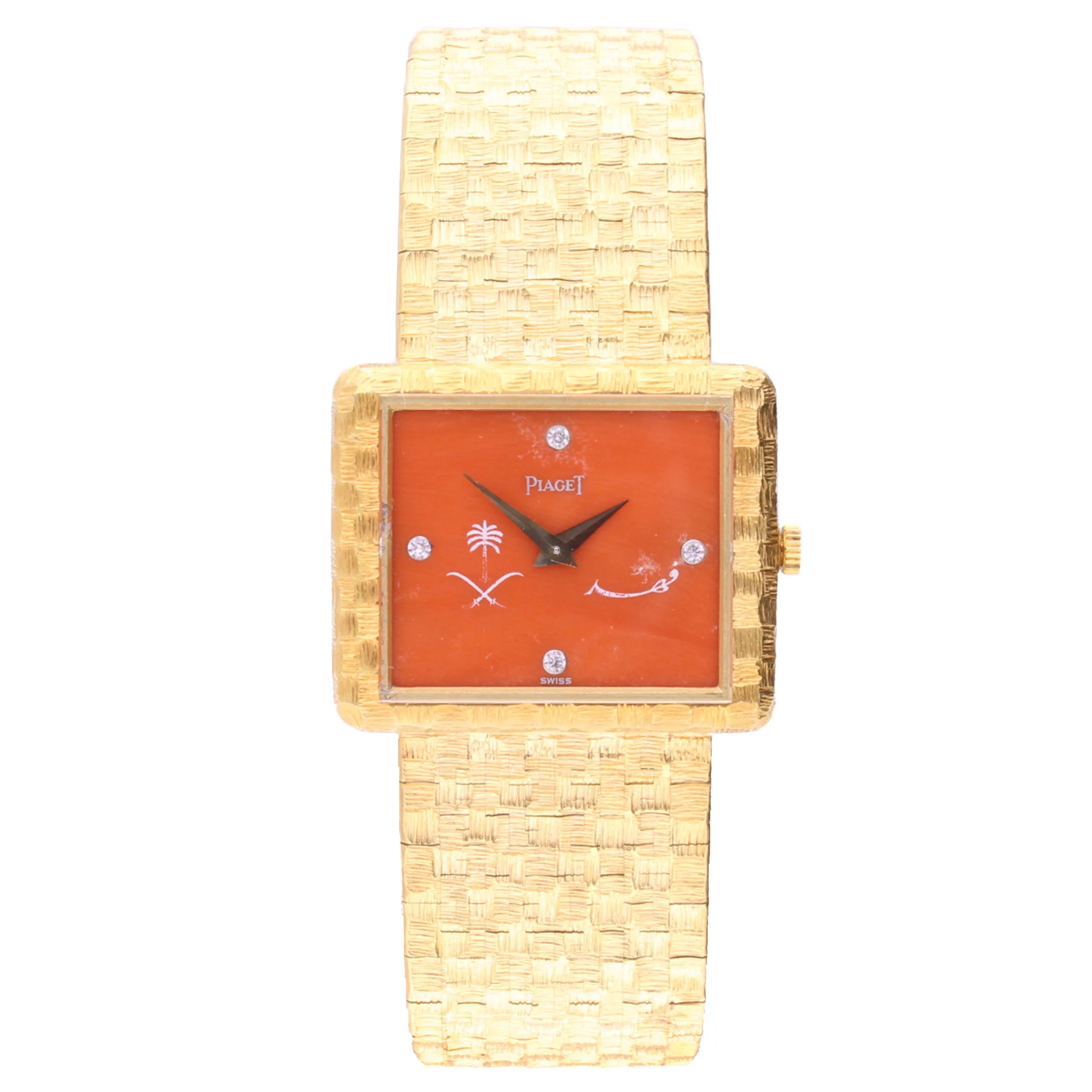 18ct yellow gold Piaget ref. 91500 bracelet watch featuring coral dial with Royal Standard of the House of Saud & signature of King Fahd. Made 1977