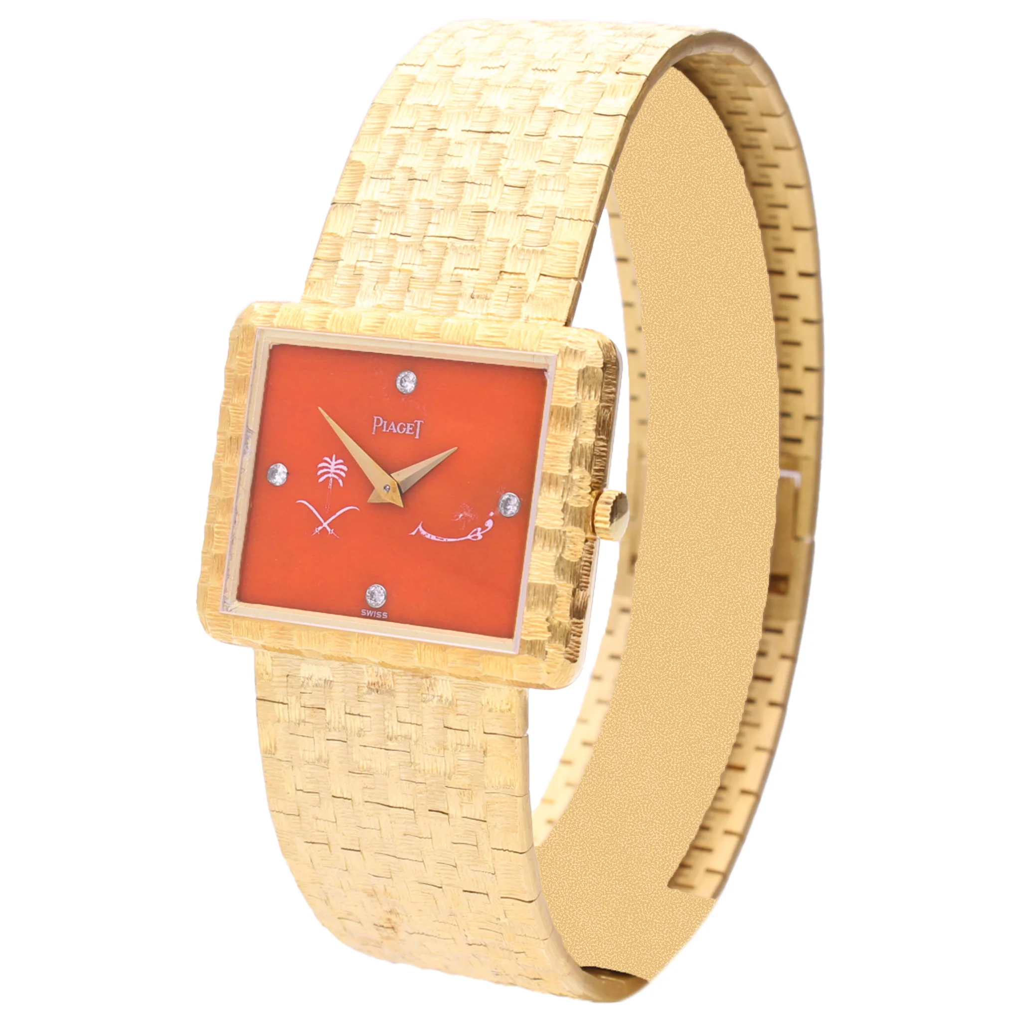 18ct yellow gold Piaget ref. 91500 bracelet watch featuring coral dial with Royal Standard of the House of Saud & signature of King Fahd. Made 1977 - Image 2