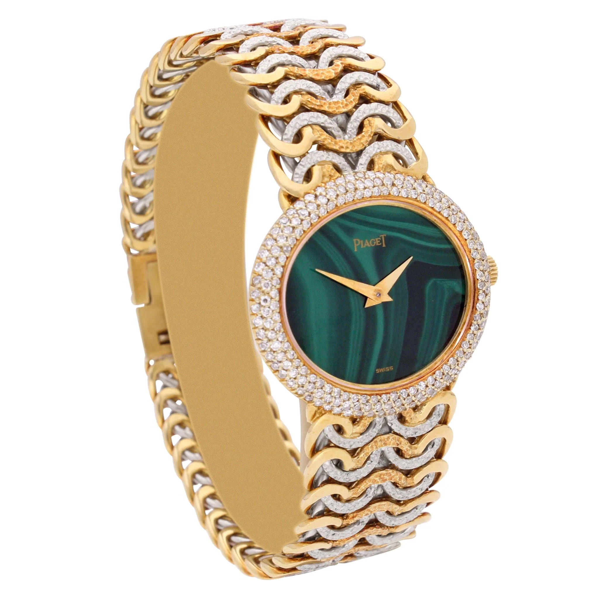 Tri-gold Piaget ref. 98125 'oval cased' bracelet watch with malachite dial and diamond set bezel. Made 1970's - Image 3