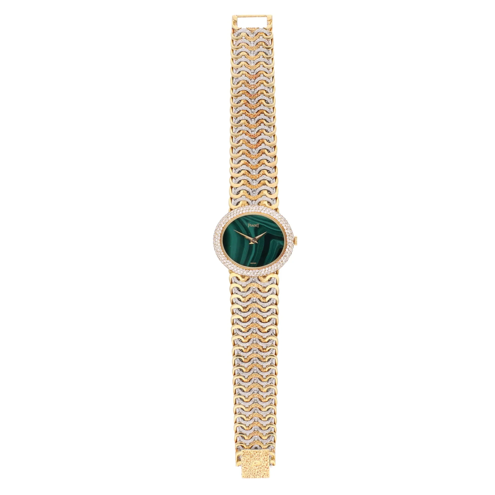 Tri-gold Piaget ref. 98125 'oval cased' bracelet watch with malachite dial and diamond set bezel. Made 1970's - Image 5