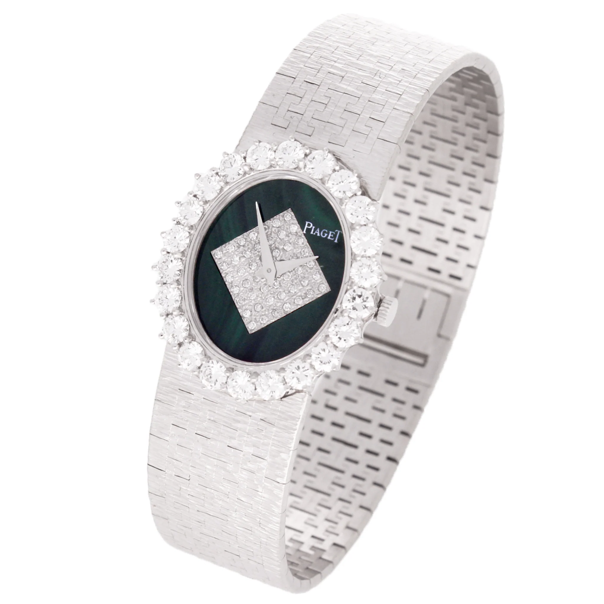 18ct white gold Piaget ref. 9338 diamond and malachite dial with diamond bezel bracelet watch. Made 1970 - Image 2