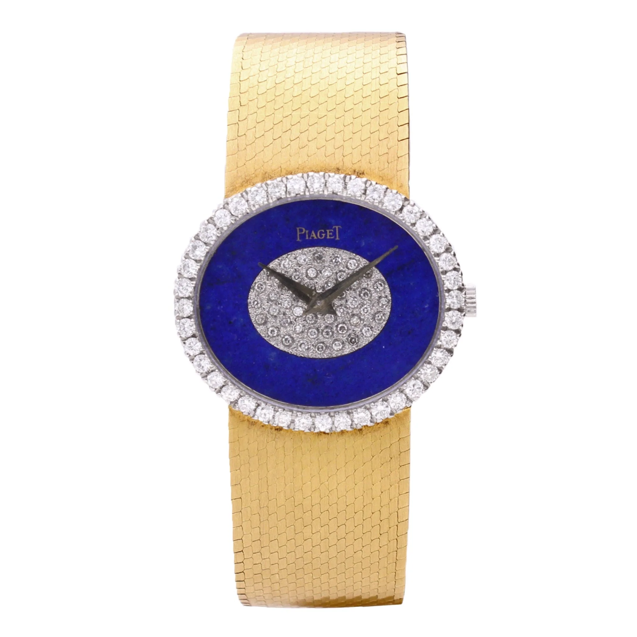 18ct yellow gold Piaget ref. 9806 diamond and lapis lazuli dial bracelet watch. Made 1970