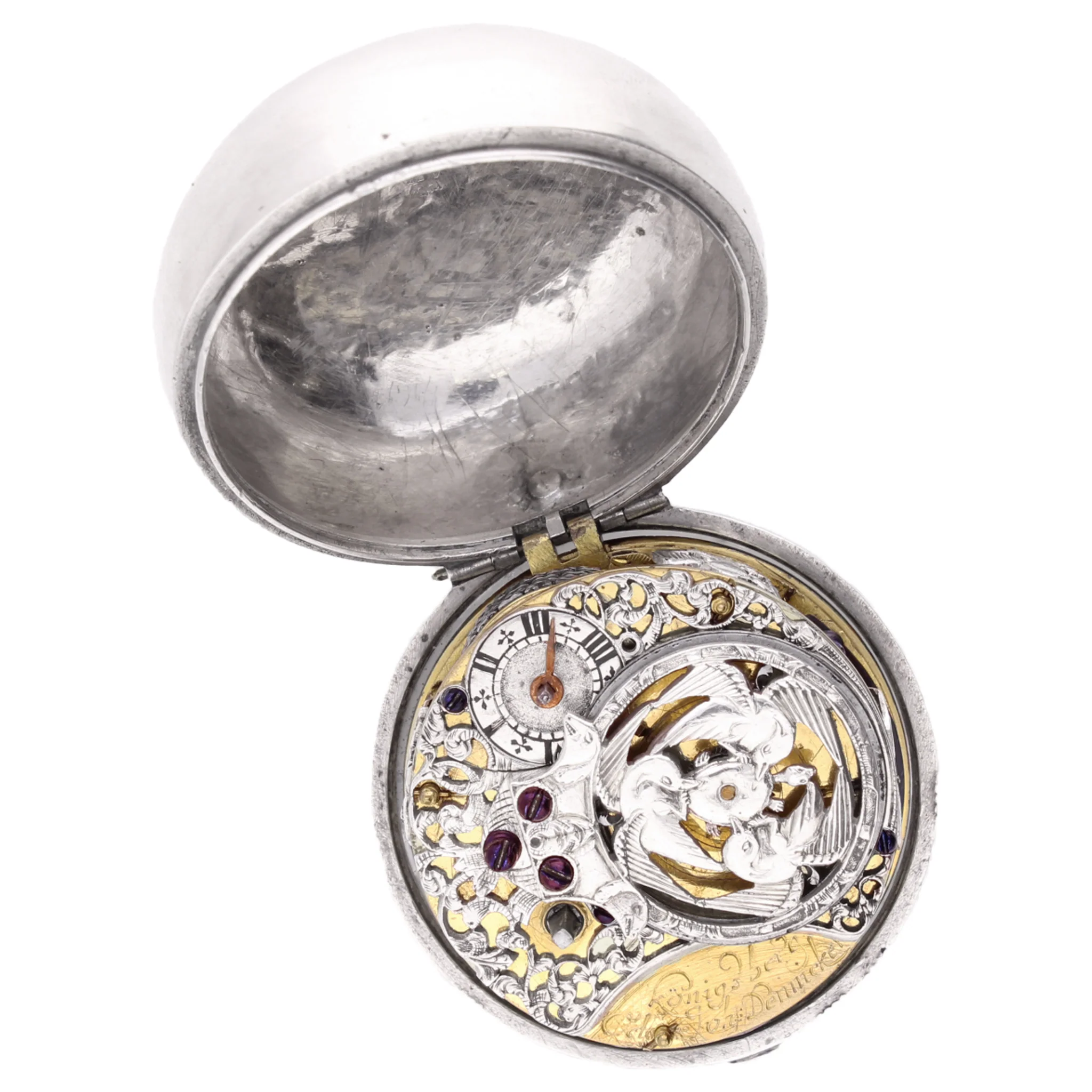 Silver Octavy Johann pair cased sun and moon verge watch. Made 1720 - Image 4