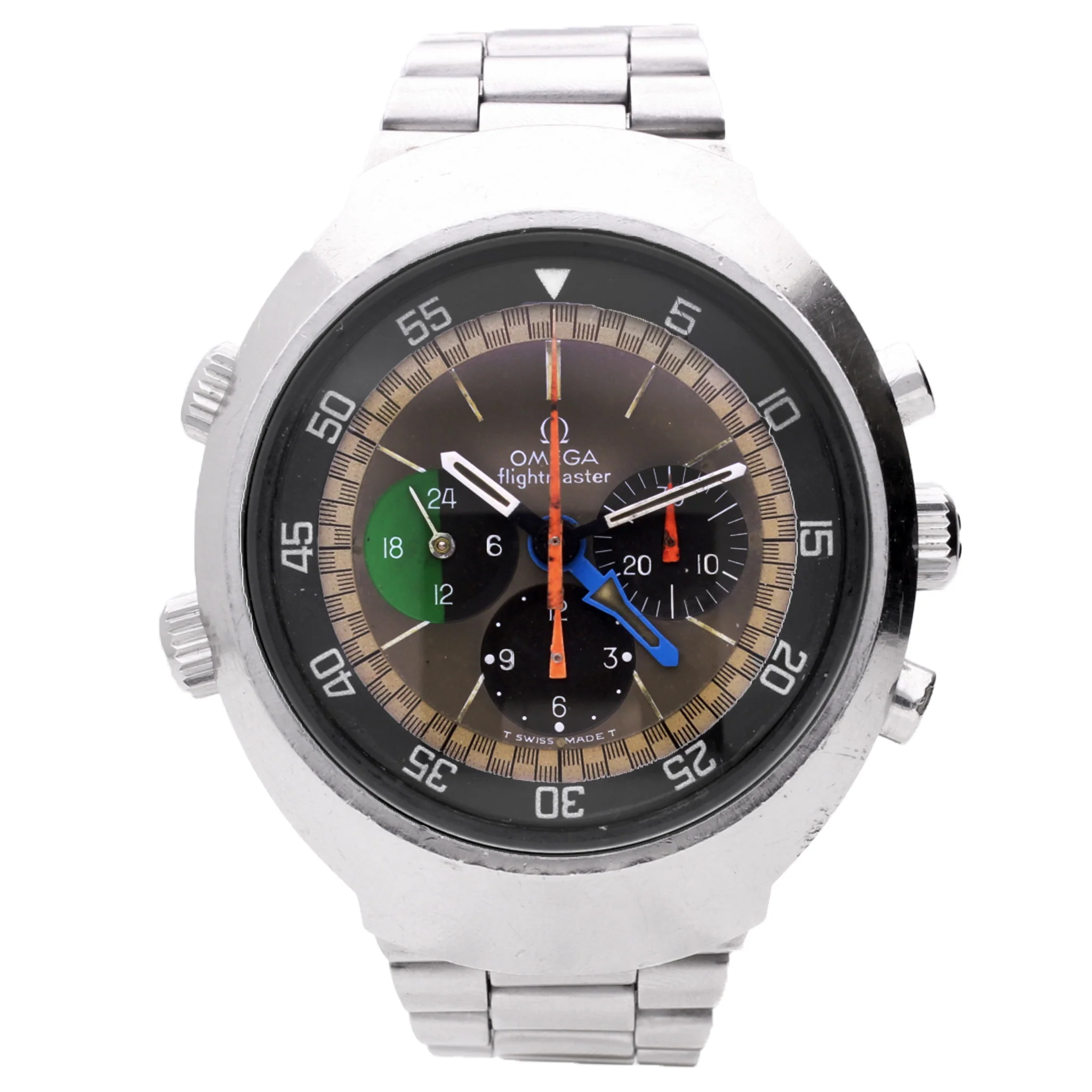 Stainless steel OMEGA 1st Generation Flightmaster chronograph wristwatch. Made 1969