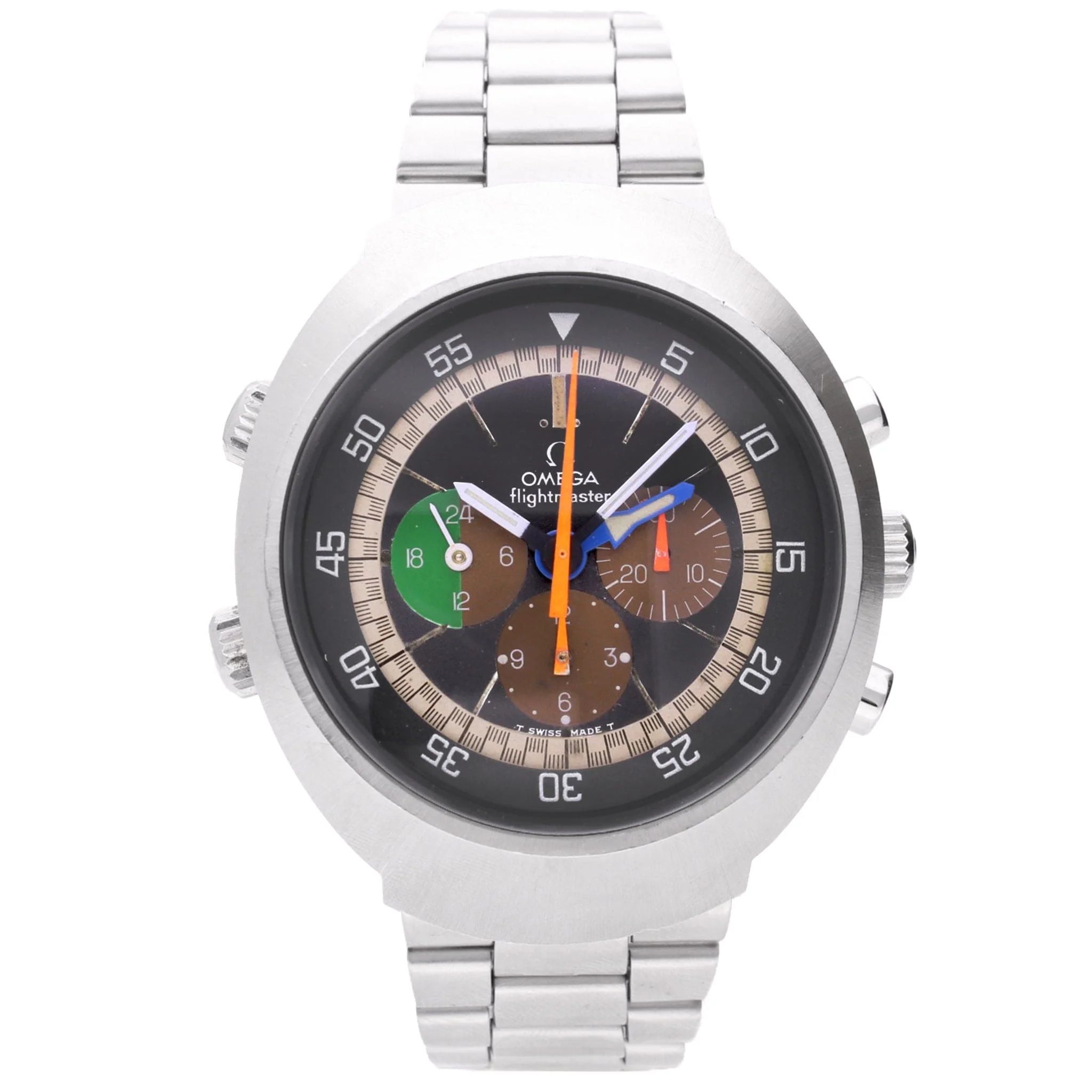 Stainless steel OMEGA 1st Generation Flightmaster chronograph wristwatch. Made 1970
