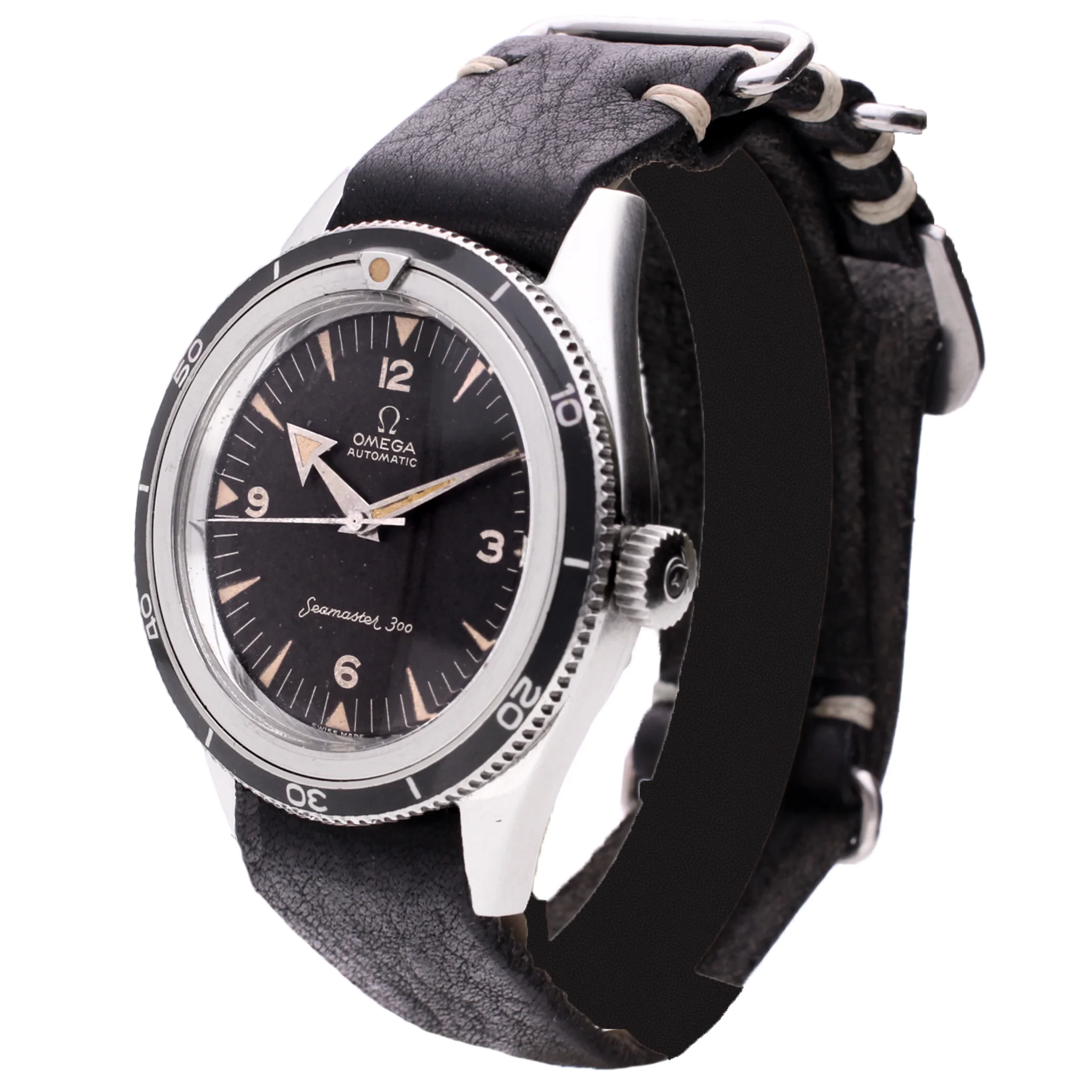 Stainless steel OMEGA '1st Generation' Seamaster 300 automatic wristwatch with enamel bezel. Made 1958 - Image 2