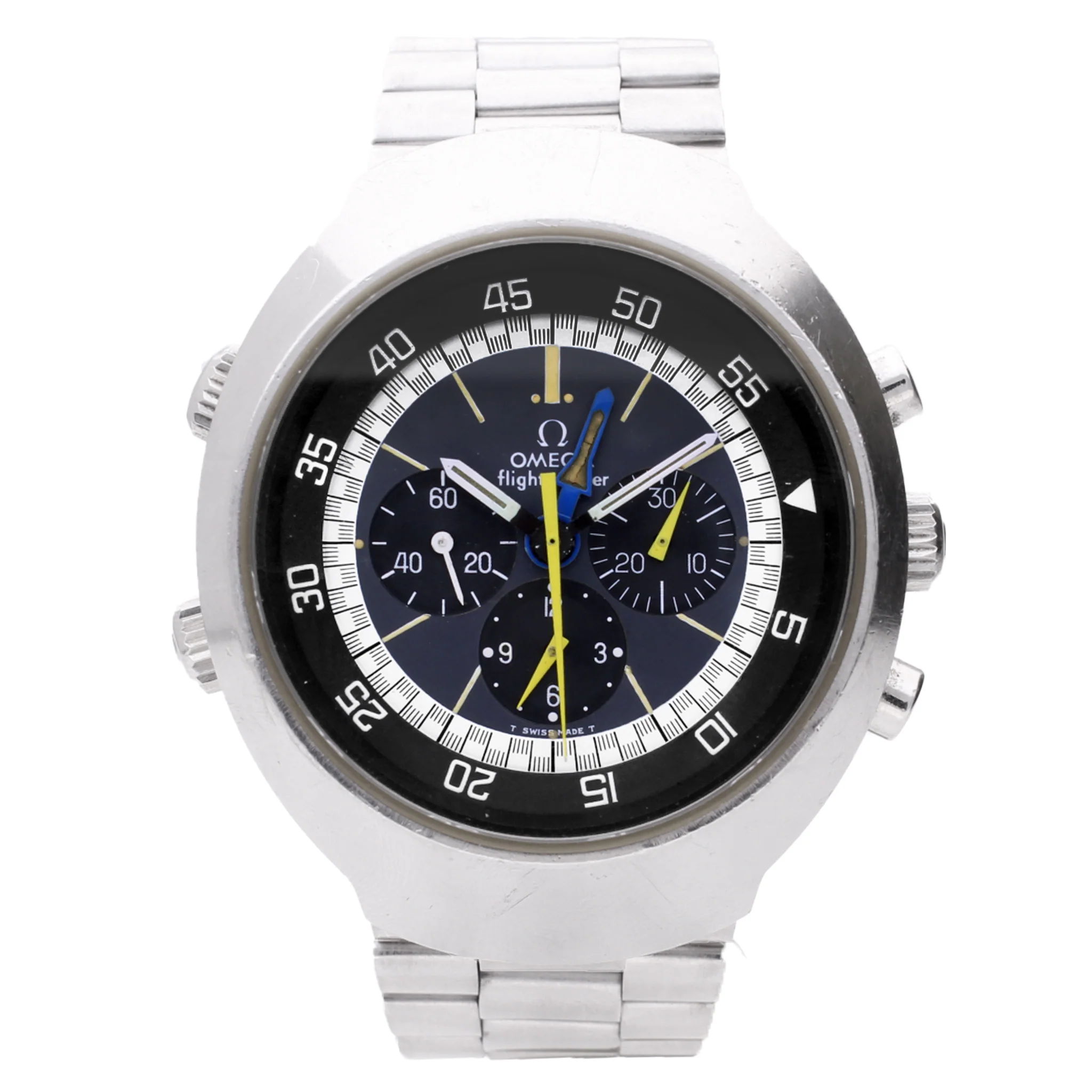 Stainless steel OMEGA 2nd Generation 'Flightmaster' chronograph wristwatch. Made 1976