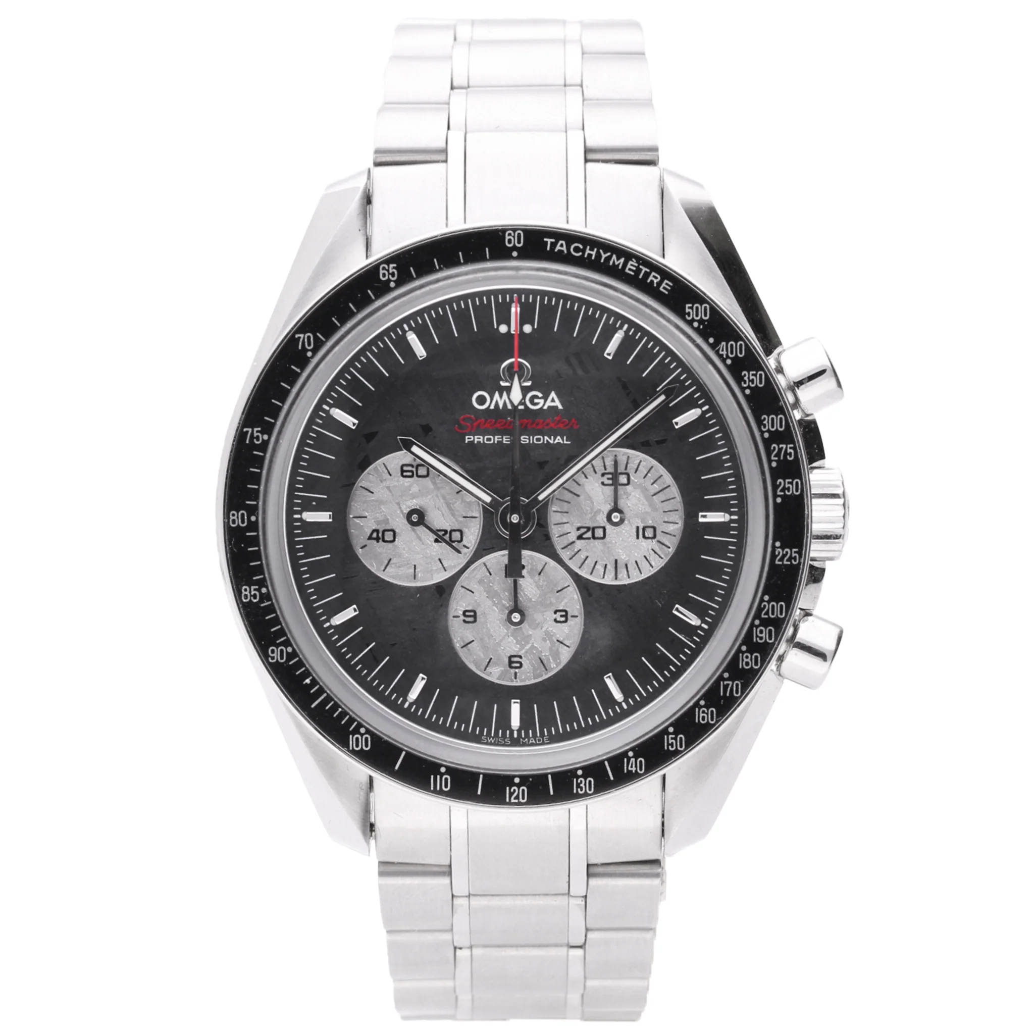 Stainless steel OMEGA 'Apollo Soyuz' Speedmaster wristwatch with meteorite dial (Limited edition 1933/1975). Made 2011