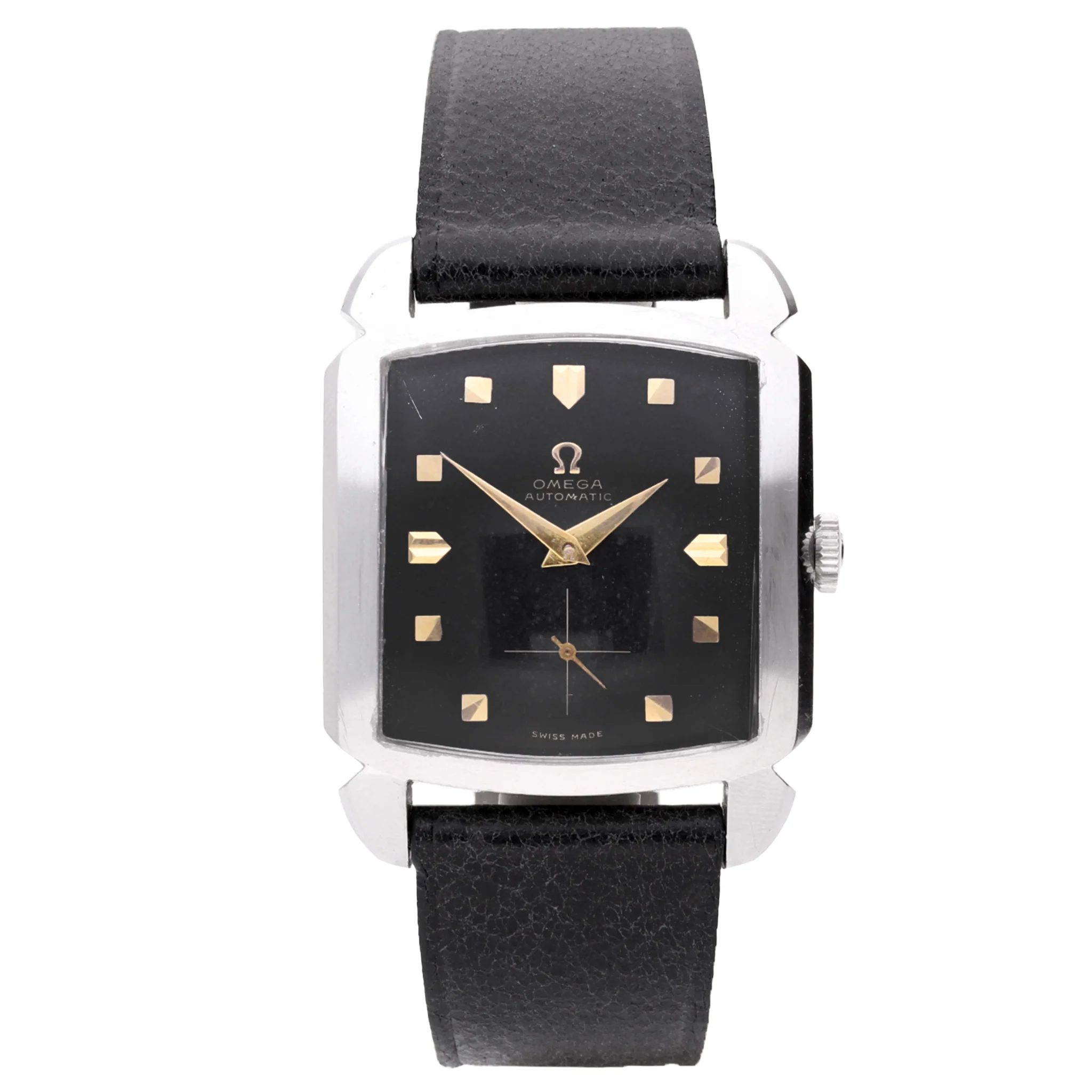 Stainless steel OMEGA 'Carré' wristwatch with black dial. Made 1953