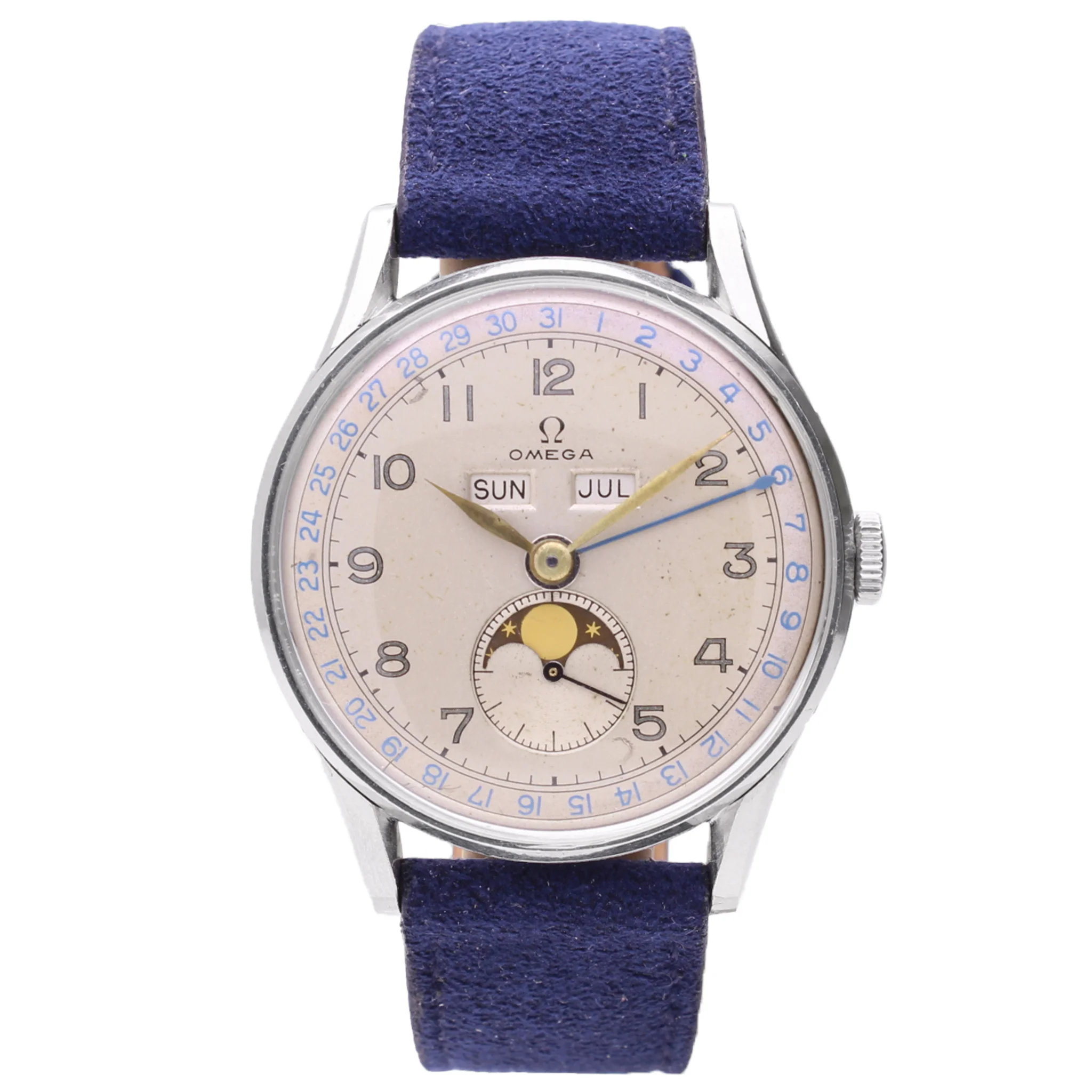 Stainless steel OMEGA Cosmic Triple Date Calendar wristwatch. Made 1948