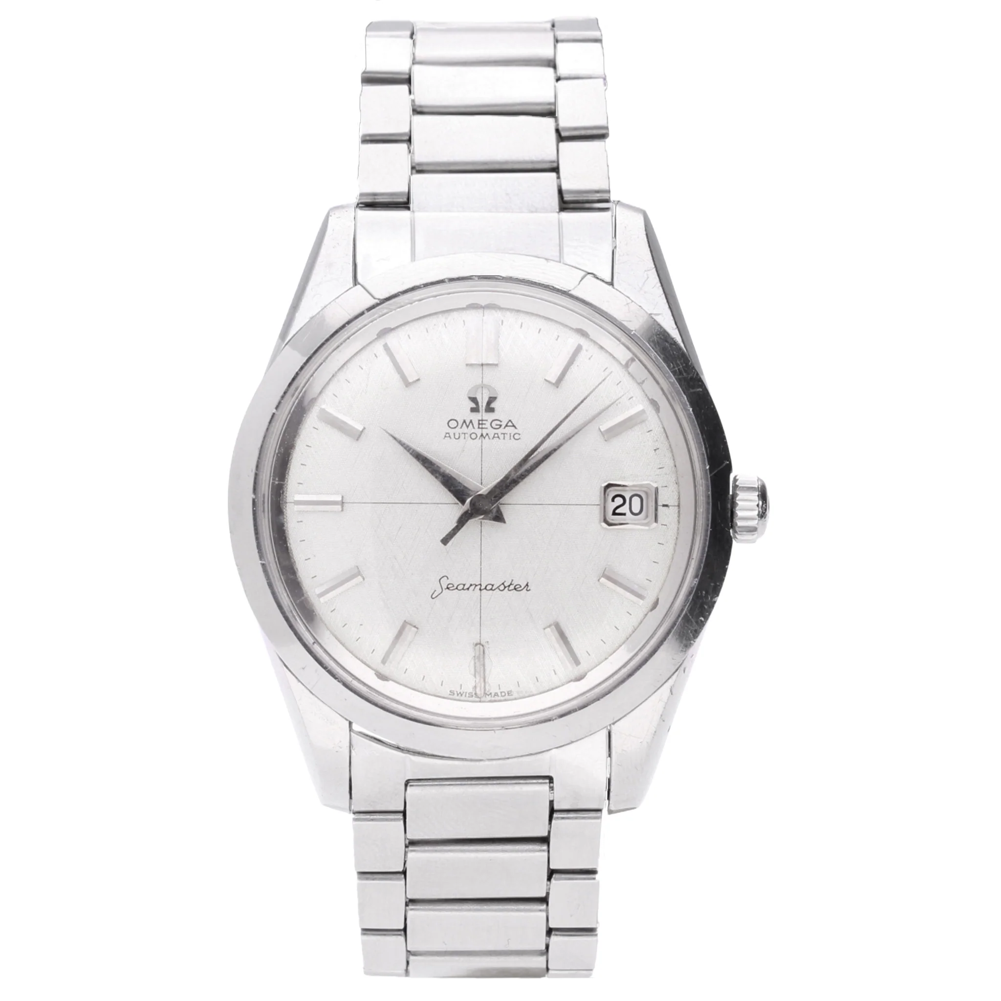 Stainless steel OMEGA Seamaster automatic wristwatch with linen dial. Made 1961