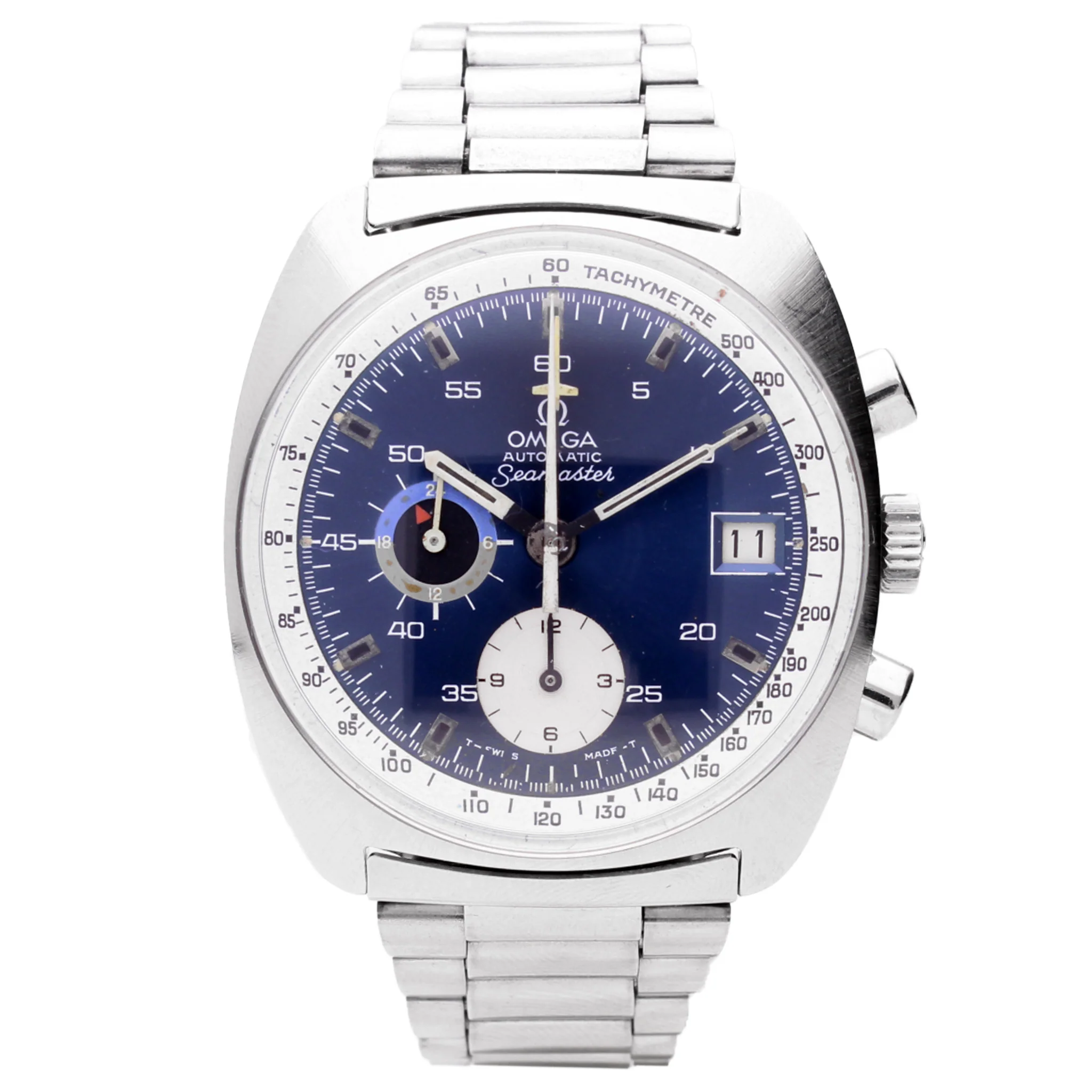 Stainless steel OMEGA Seamaster chronograph wristwatch with blue dial. Made 1973