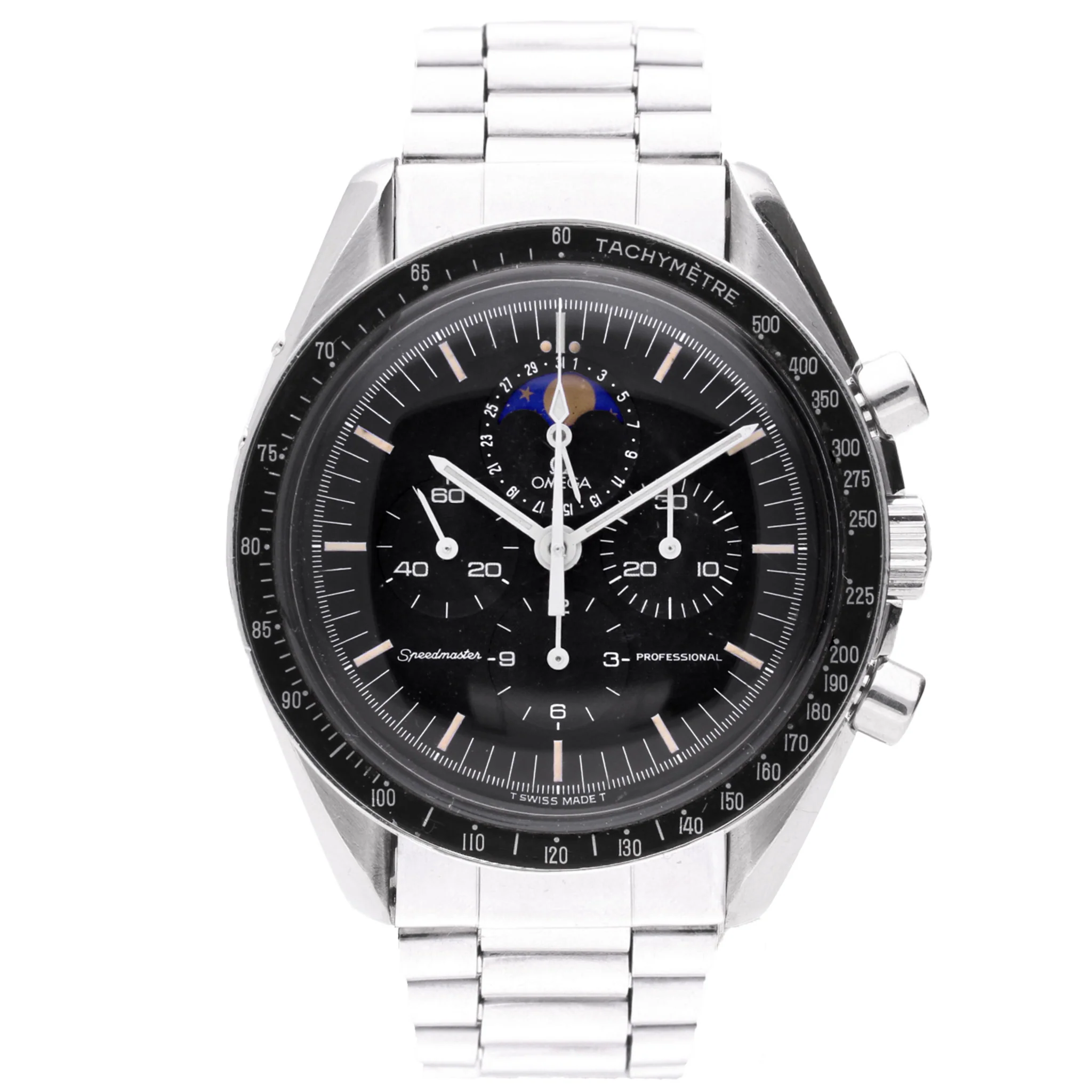 Stainless steel OMEGA Speedmaster Professional 'SpeedyMoon' chronograph. Made 1990