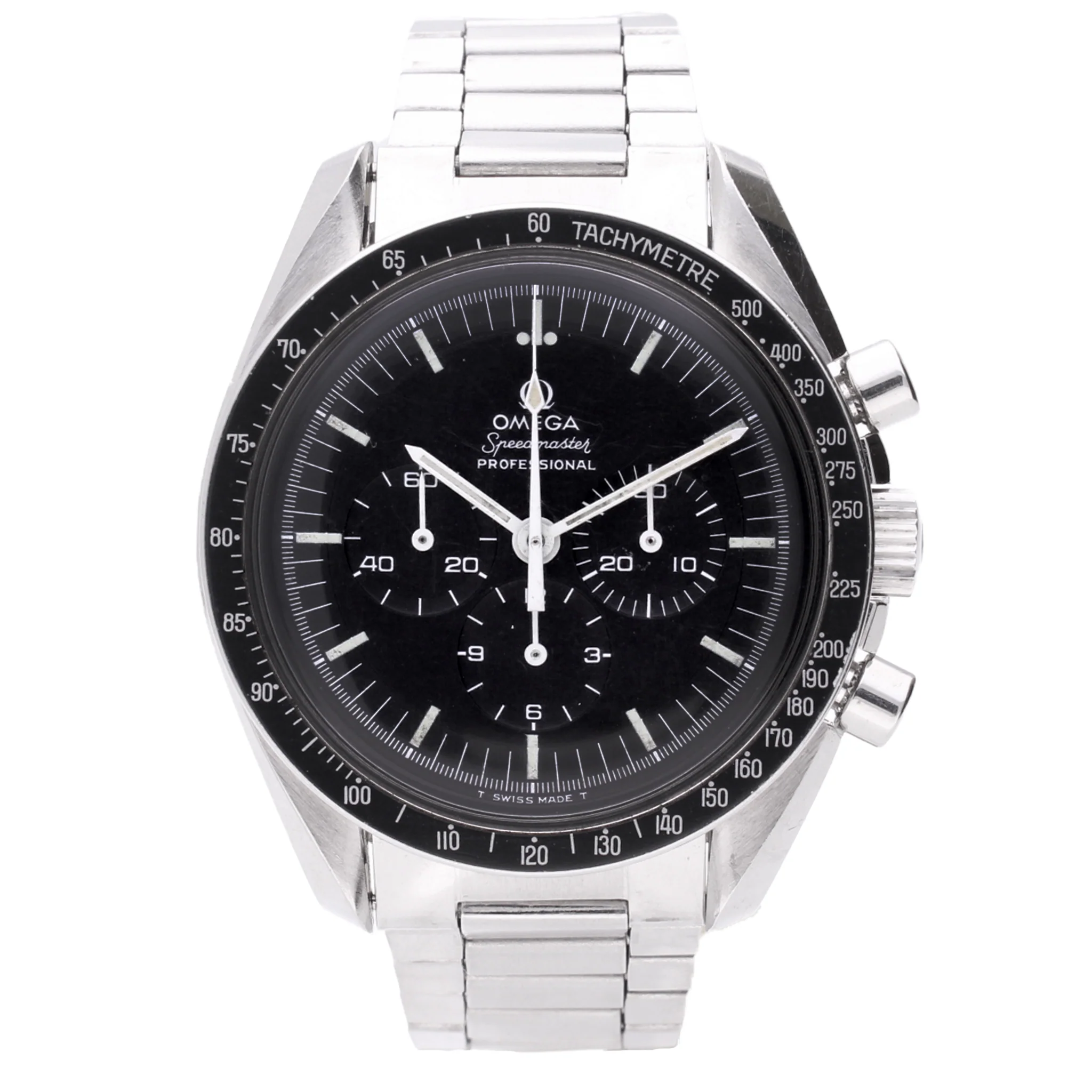 Stainless steel OMEGA ref. 145.022 Speedmaster Professional chronograph wristwatch with 'Straight case writing'. Made 1971