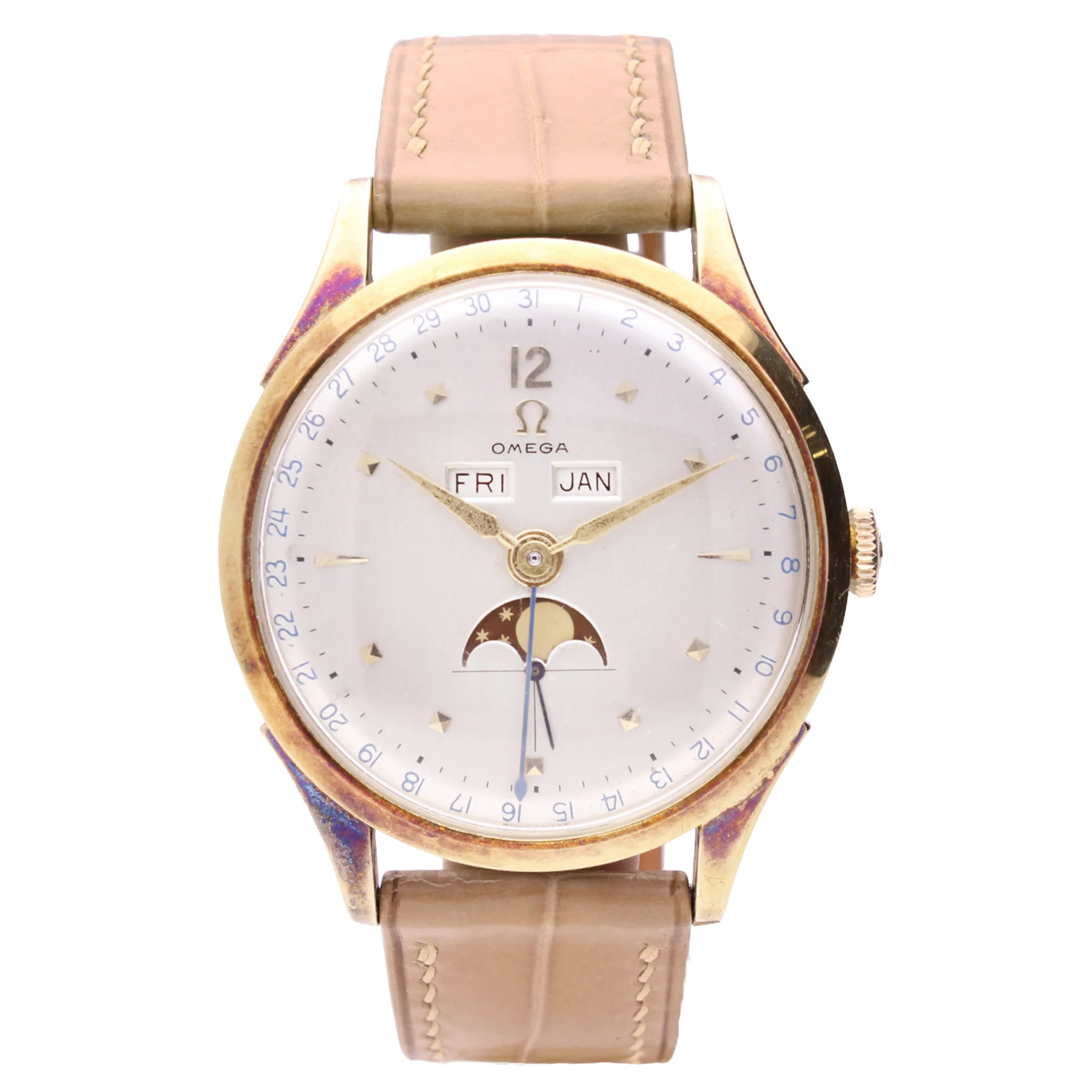 Steel & 14ct gold capped OMEGA Cosmic Triple date calendar wristwatch. Made 1952