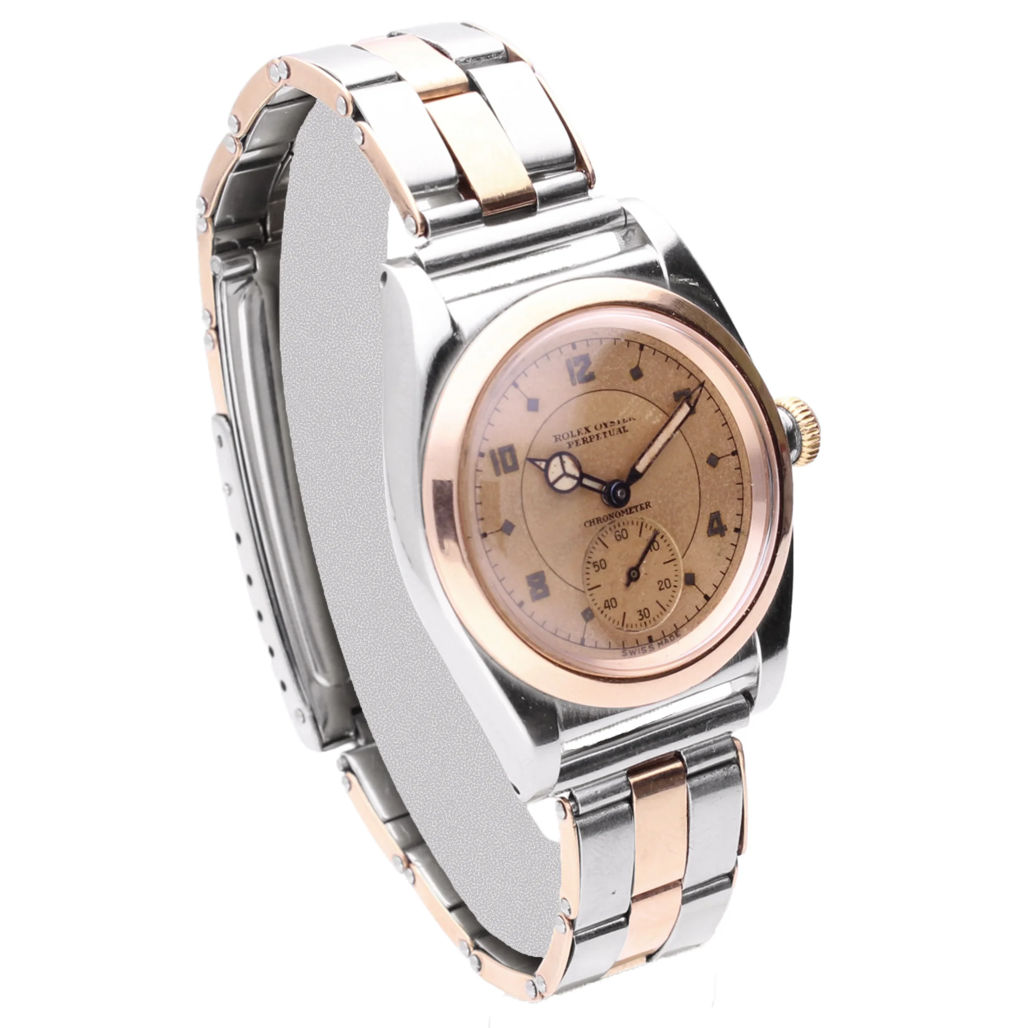 Steel & 18ct rose gold Rolex 'Bubbleback' Oyster Perpetual bracelet watch with rose dial and bezel. Made 1940 - Image 3