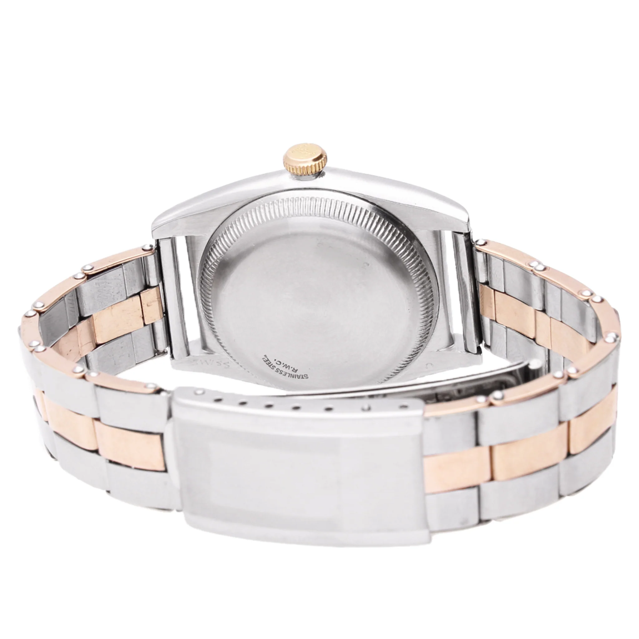 Steel & 18ct rose gold Rolex 'Bubbleback' Oyster Perpetual bracelet watch with rose dial and bezel. Made 1940 - Image 4